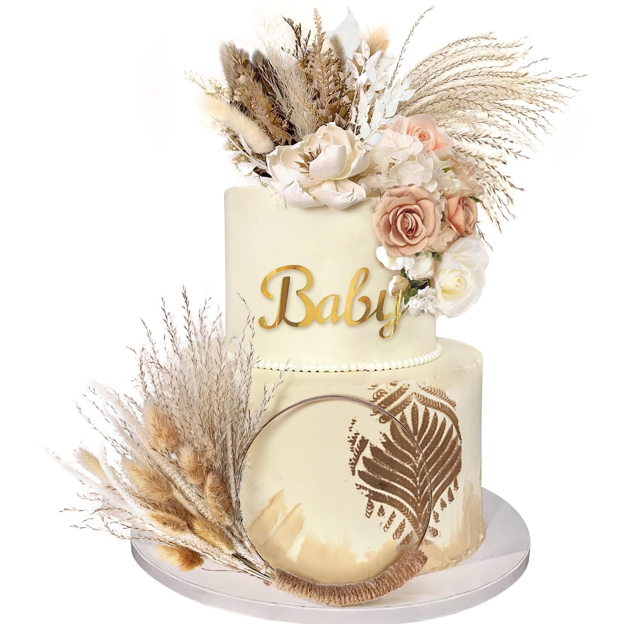 Boho Cake Decorations Flower Cake Toppers Pampas Grass Cake Topper For Wedding Bridal Baby Shower Birthday Party Supplies (Apricot Pink White)