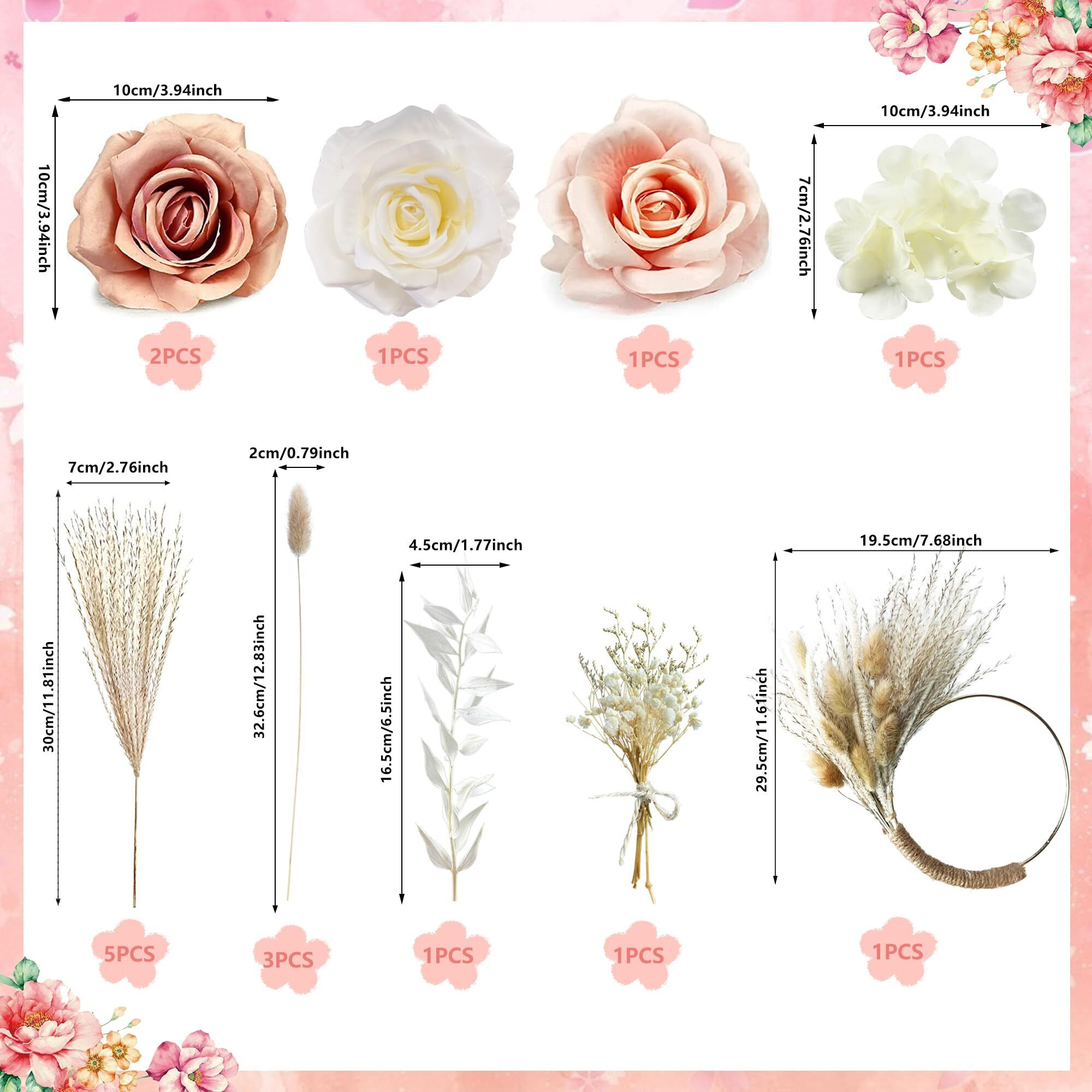 Boho Cake Decorations Flower Cake Toppers Pampas Grass Cake Topper For Wedding Bridal Baby Shower Birthday Party Supplies (Apricot Pink White)