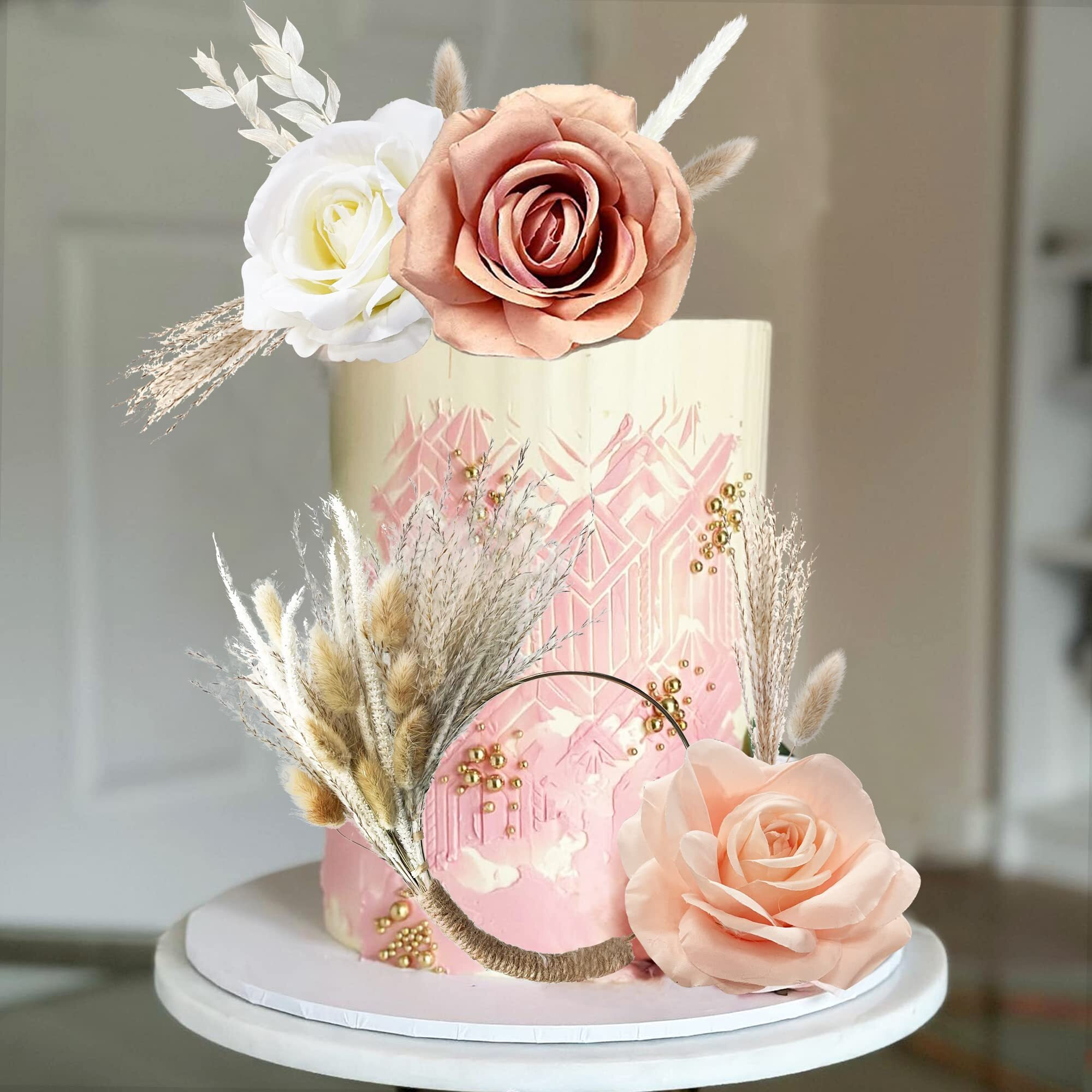 Boho Cake Decorations Flower Cake Toppers Pampas Grass Cake Topper For Wedding Bridal Baby Shower Birthday Party Supplies (Apricot Pink White)