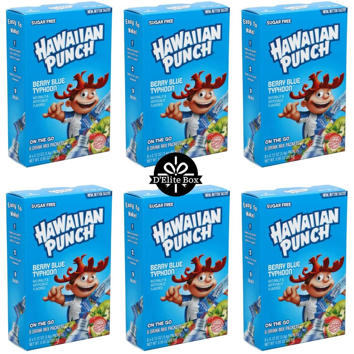 Hawaiian Punch Sugar-Free Berry Blue Powdered Drink Mix 6 Count Of 8 Packets Each For Total 48 Sticks Bundle Packaged By D'Elite Box