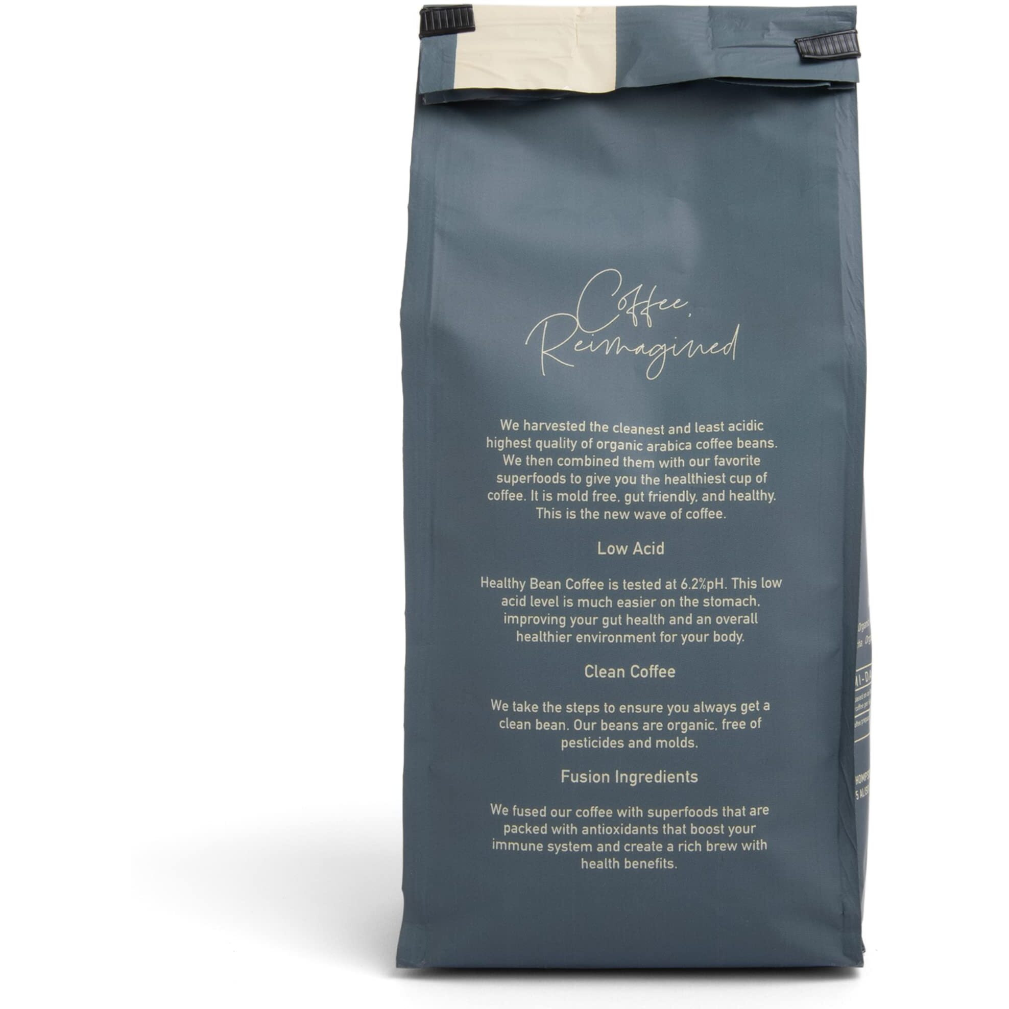 Healthy Bean Coffee - Organic Low Acid Coffee Beans, Superfood Infused Whole Bean Coffee, Clean & Healthy Coffee - Usda Organic Mold Free Coffee Beans, Mycotoxin Free Coffee - Semi-Dark Roast, 10Oz