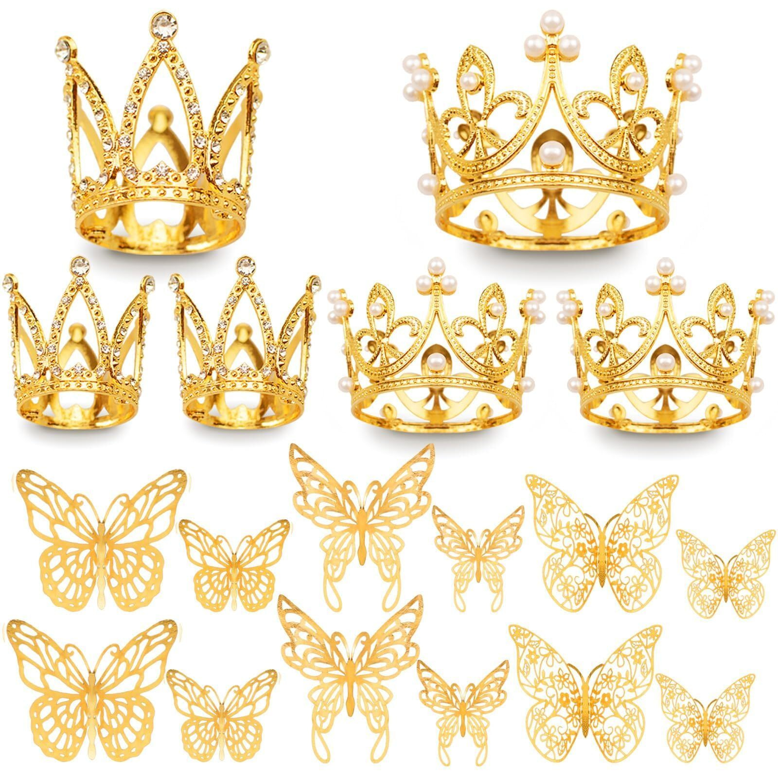 42Pcs Mini Crown Cake Topper Mini Tiara With 3D Gold Butterfly Decoration Vintage Pearl Rhinestone Crown Cake Topper Cupcake Topper Cake Decoration For Birthday Wedding Anniversity Party Baby Shower