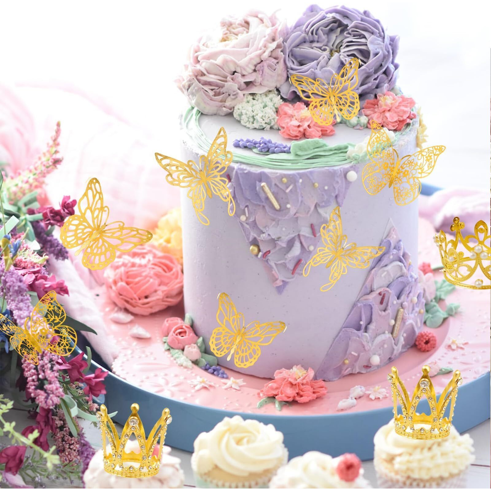 42Pcs Mini Crown Cake Topper Mini Tiara With 3D Gold Butterfly Decoration Vintage Pearl Rhinestone Crown Cake Topper Cupcake Topper Cake Decoration For Birthday Wedding Anniversity Party Baby Shower