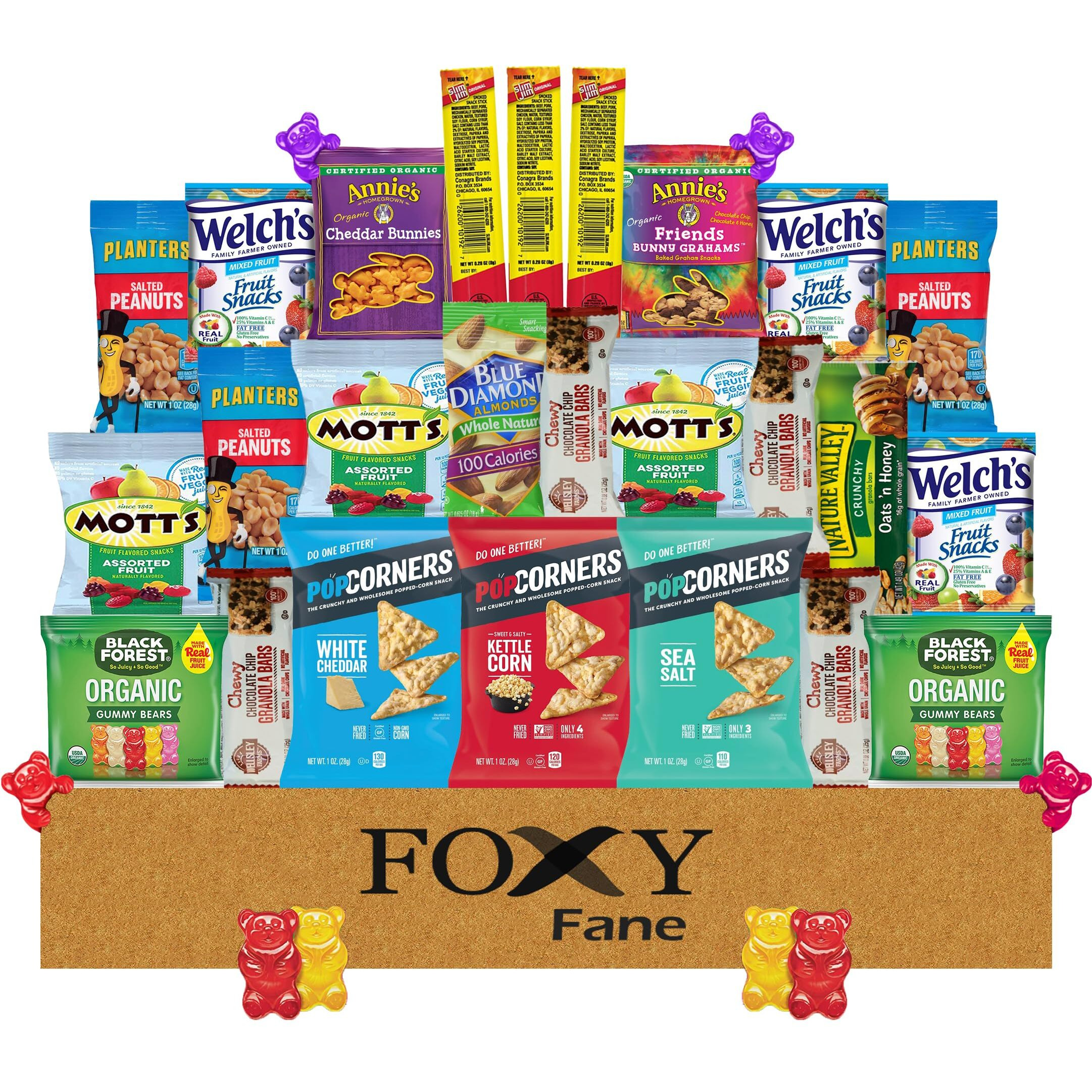 Foxy Fane 25 Count Healthy Snack Box - Premium Holiday, Christmas & New Year Gift Care Package With Variety Of Nuts, Crackers, Bars & More - Bulk Bundle Of Delicious Treats (Variety Pack Of 25 Snacks)