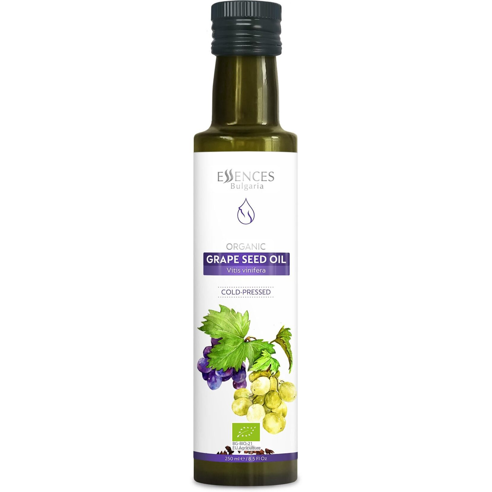 Essences Bulgaria Organic Grape Seed Oil 8.5 Fl Oz | 250Ml | 100% Natural Cold-Pressed Oil | Extra Premium Quality | Excellent Taste | Dips | Salads | No Additives Or Preservatives | Non-Gmo | Vegan
