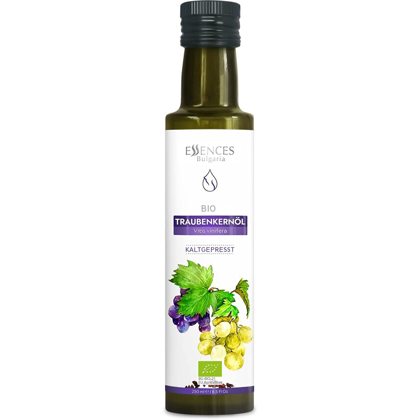 Essences Bulgaria Organic Grape Seed Oil 8.5 Fl Oz | 250Ml | 100% Natural Cold-Pressed Oil | Extra Premium Quality | Excellent Taste | Dips | Salads | No Additives Or Preservatives | Non-Gmo | Vegan