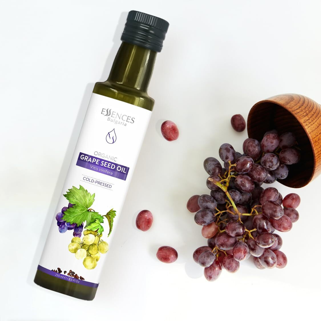Essences Bulgaria Organic Grape Seed Oil 8.5 Fl Oz | 250Ml | 100% Natural Cold-Pressed Oil | Extra Premium Quality | Excellent Taste | Dips | Salads | No Additives Or Preservatives | Non-Gmo | Vegan