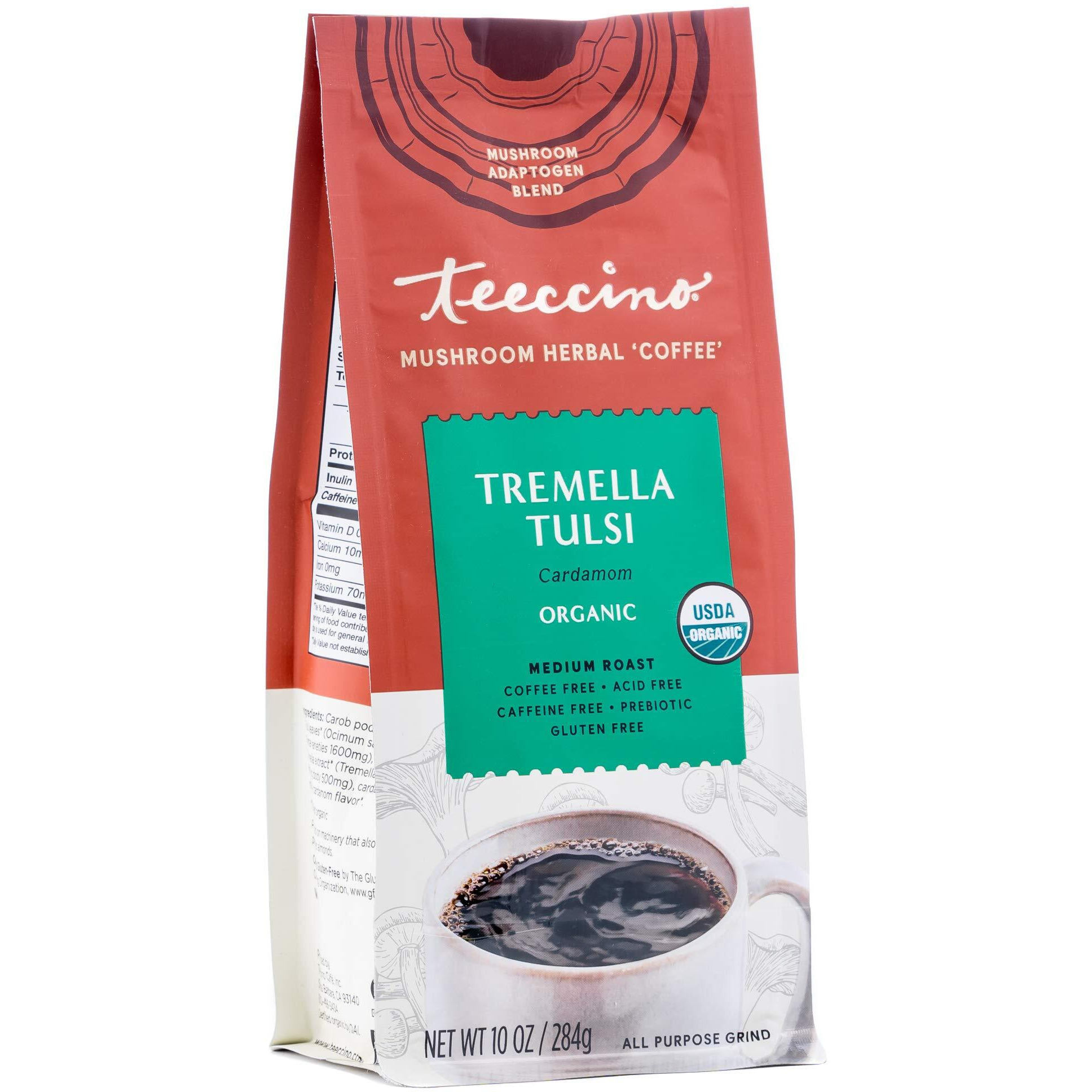 Teeccino Tremella Tulsi Coffee Alternative - Cardamom - Organic Adaptogenic Herbal Mushroom Coffee, Medium Roast, Caffeine Free, Prebiotic, Acid Free, Gluten Free - 10 Oz