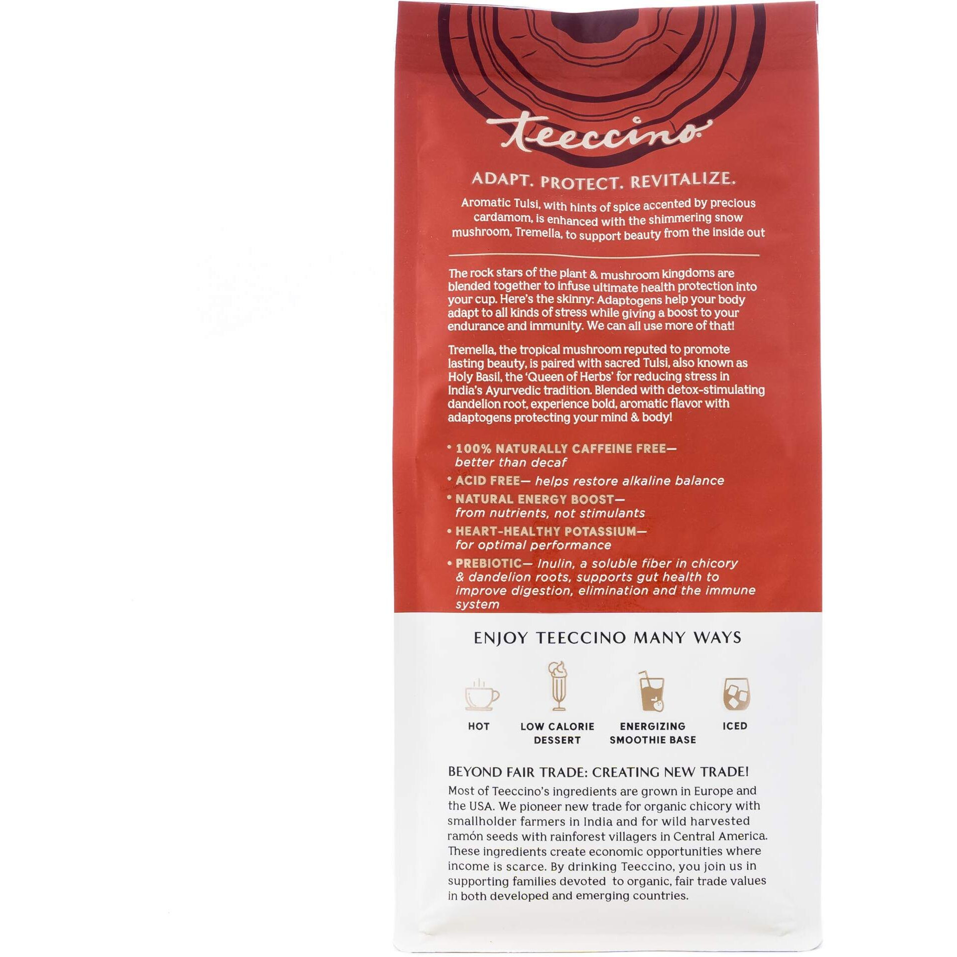 Teeccino Tremella Tulsi Coffee Alternative - Cardamom - Organic Adaptogenic Herbal Mushroom Coffee, Medium Roast, Caffeine Free, Prebiotic, Acid Free, Gluten Free - 10 Oz