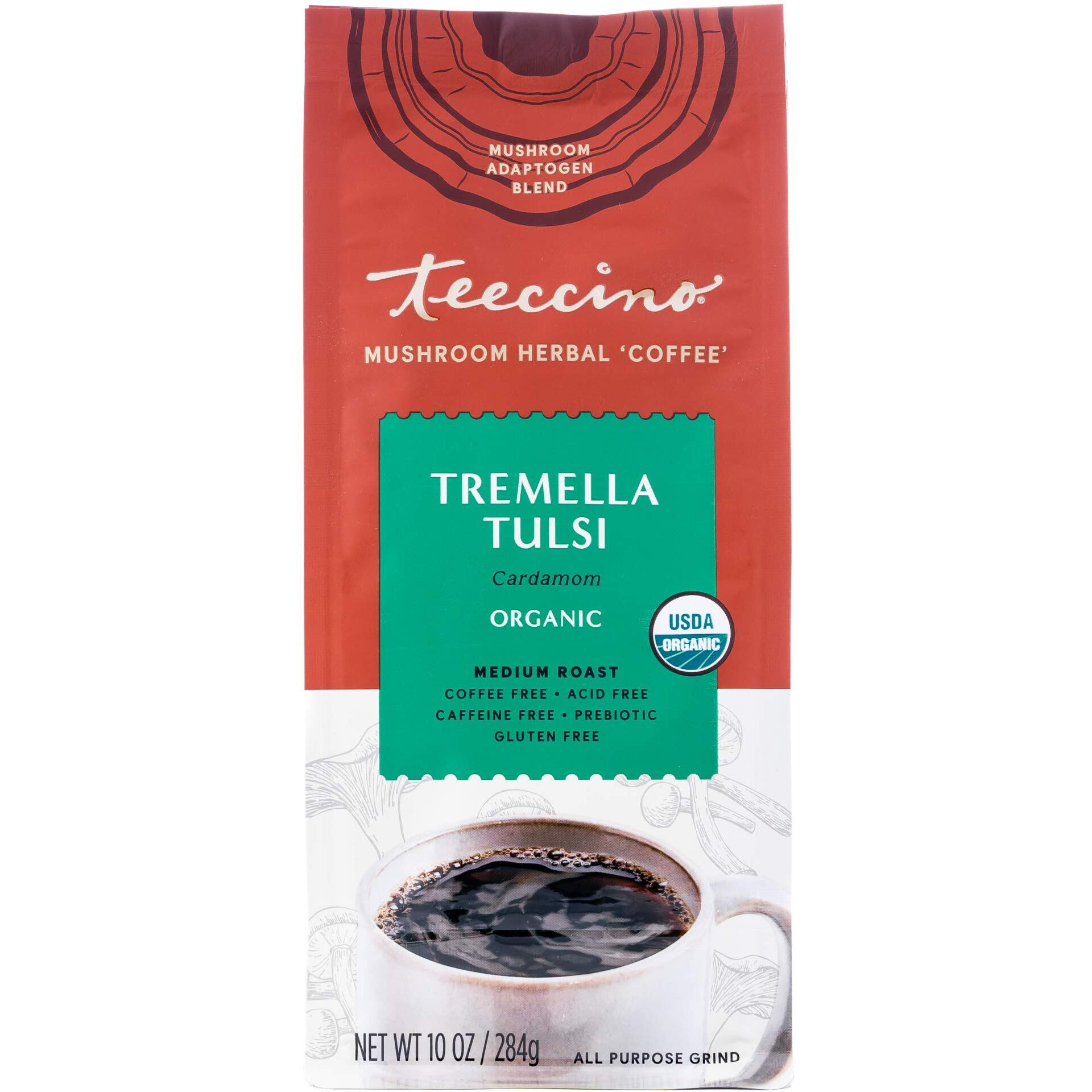 Teeccino Tremella Tulsi Coffee Alternative - Cardamom - Organic Adaptogenic Herbal Mushroom Coffee, Medium Roast, Caffeine Free, Prebiotic, Acid Free, Gluten Free - 10 Oz