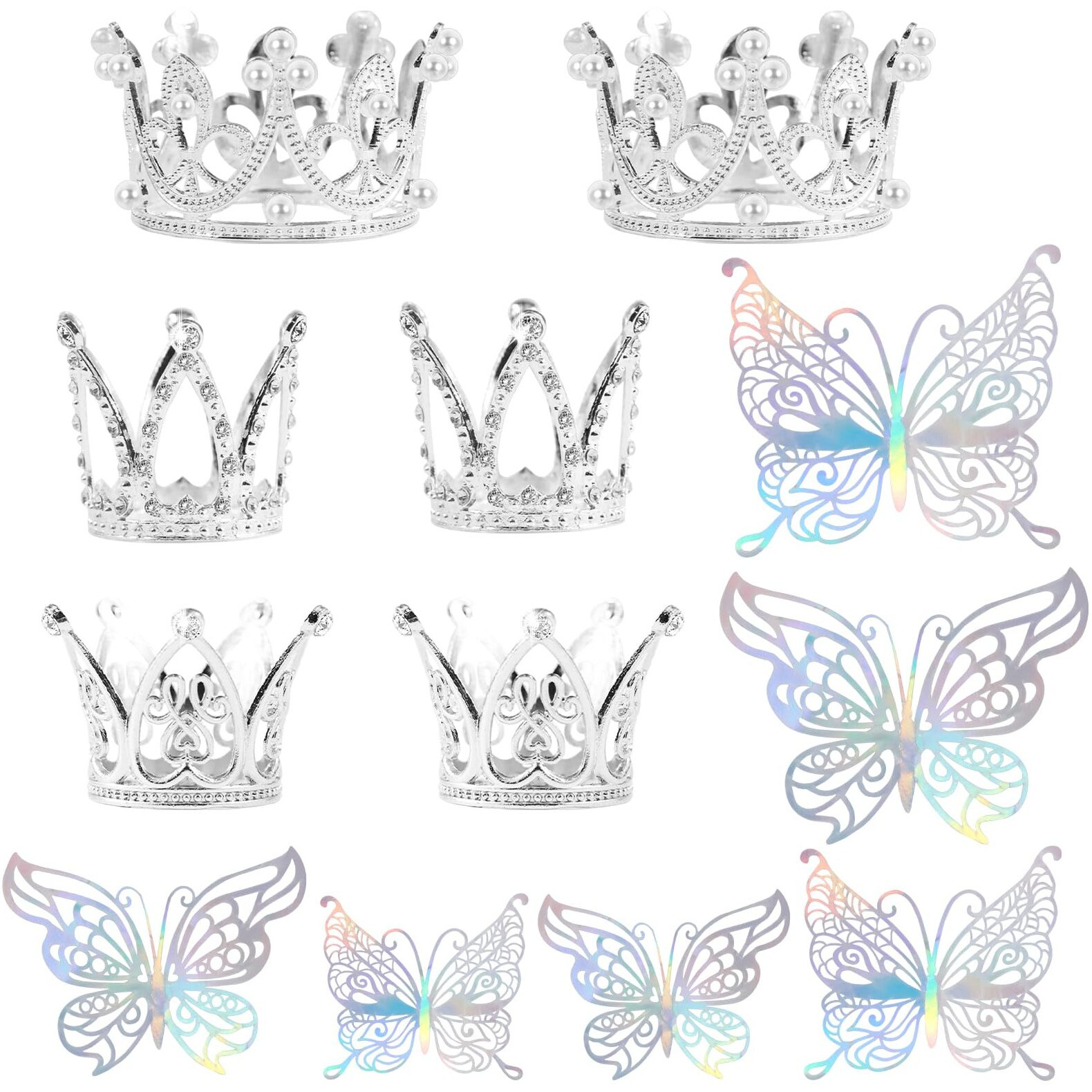 30 Pieces Mini Crown Cake Topper Small Silver Crown Mini Tiara With 3D Silver Butterfly Decoration For Flower Arrangements Crown Cake Topper For Wedding Baby Shower Birthday Party (Silver)