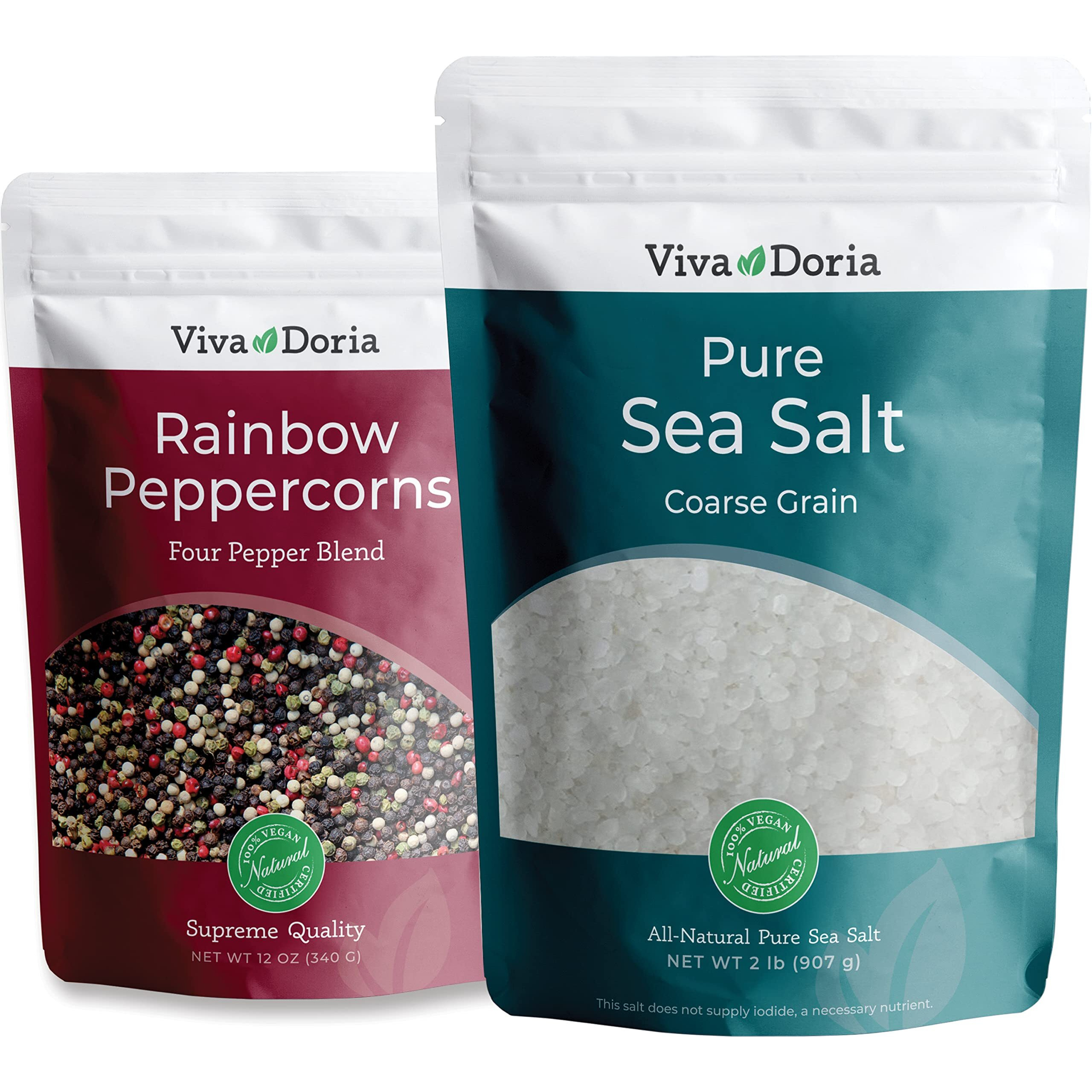 Viva Doria Rainbow Peppercorns Blend, 12 Oz And Pure Sea Salt, Coarse Grain, 2 Lb | Great For Grinder Refills, 2 Piece Set