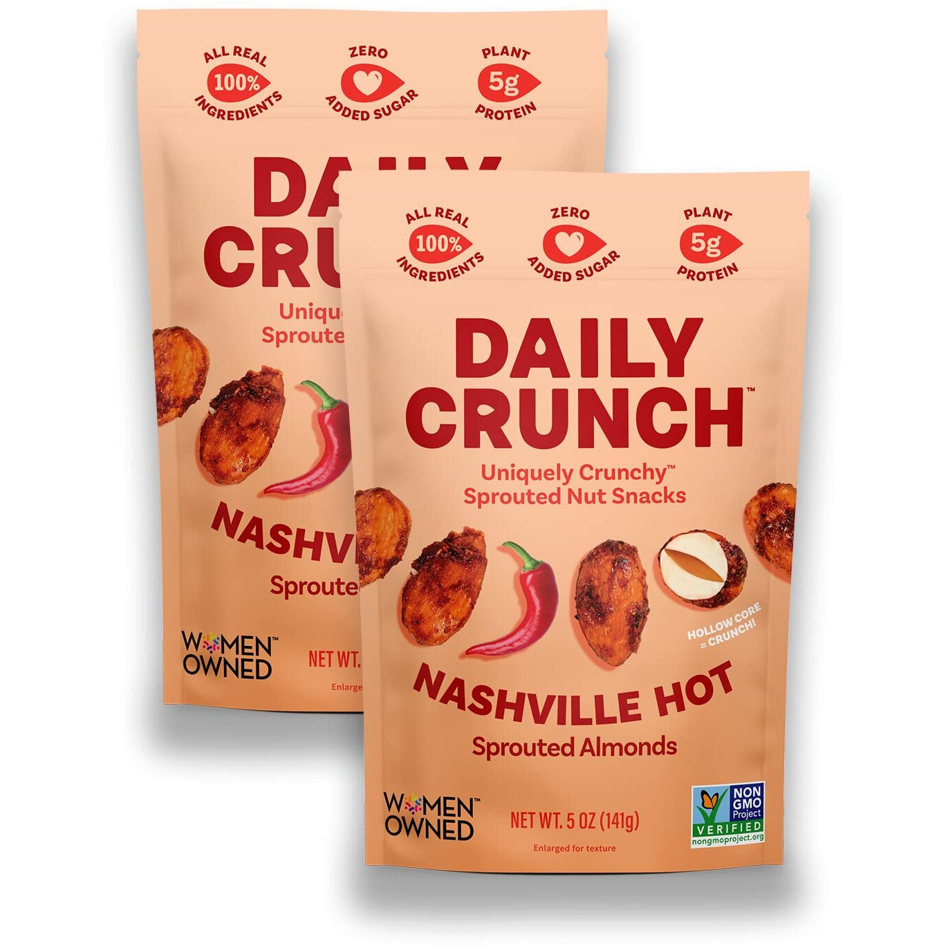 Daily Crunch Sprouted Almonds, 5 Ounce Resealable Bags (Nashville Hot, 2 Pack) Packaging May Vary - Sprouted And Dehydrated For A Unique Crunch, Keto Friendly, Non-Gmo, Oil And Salt Free, Vegan, Healthy Snack