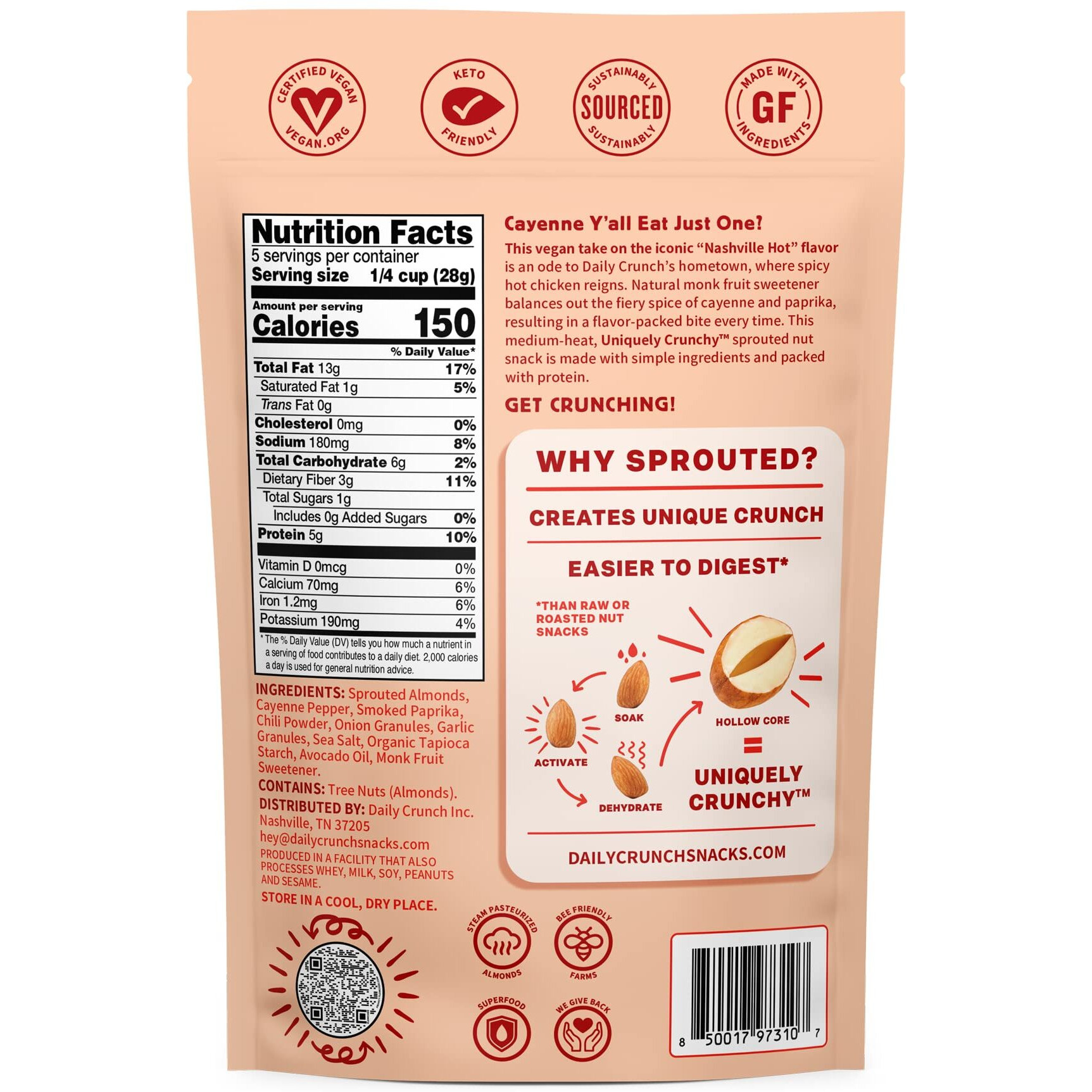 Daily Crunch Sprouted Almonds, 5 Ounce Resealable Bags (Nashville Hot, 2 Pack) Packaging May Vary - Sprouted And Dehydrated For A Unique Crunch, Keto Friendly, Non-Gmo, Oil And Salt Free, Vegan, Healthy Snack
