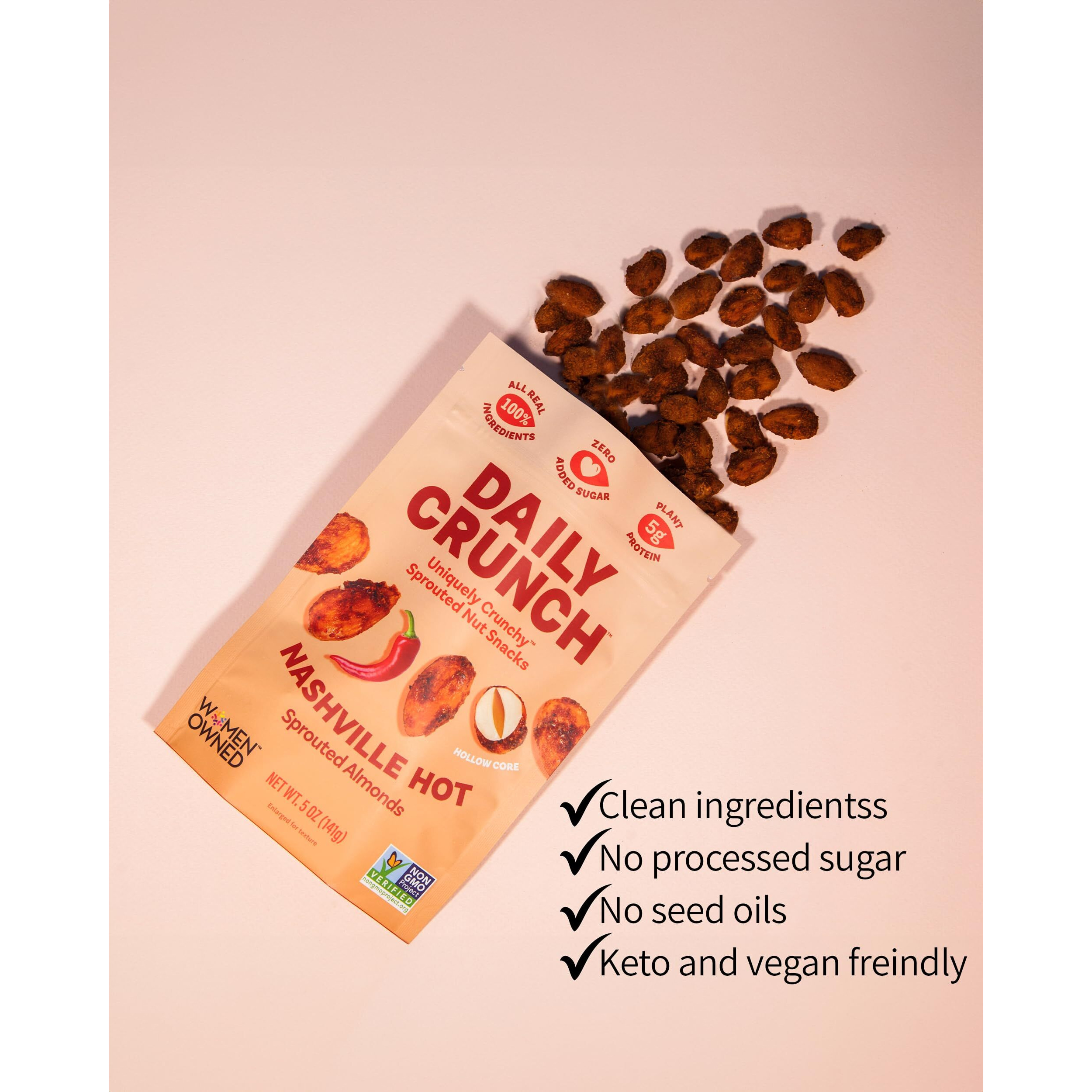 Daily Crunch Sprouted Almonds, 5 Ounce Resealable Bags (Nashville Hot, 2 Pack) Packaging May Vary - Sprouted And Dehydrated For A Unique Crunch, Keto Friendly, Non-Gmo, Oil And Salt Free, Vegan, Healthy Snack