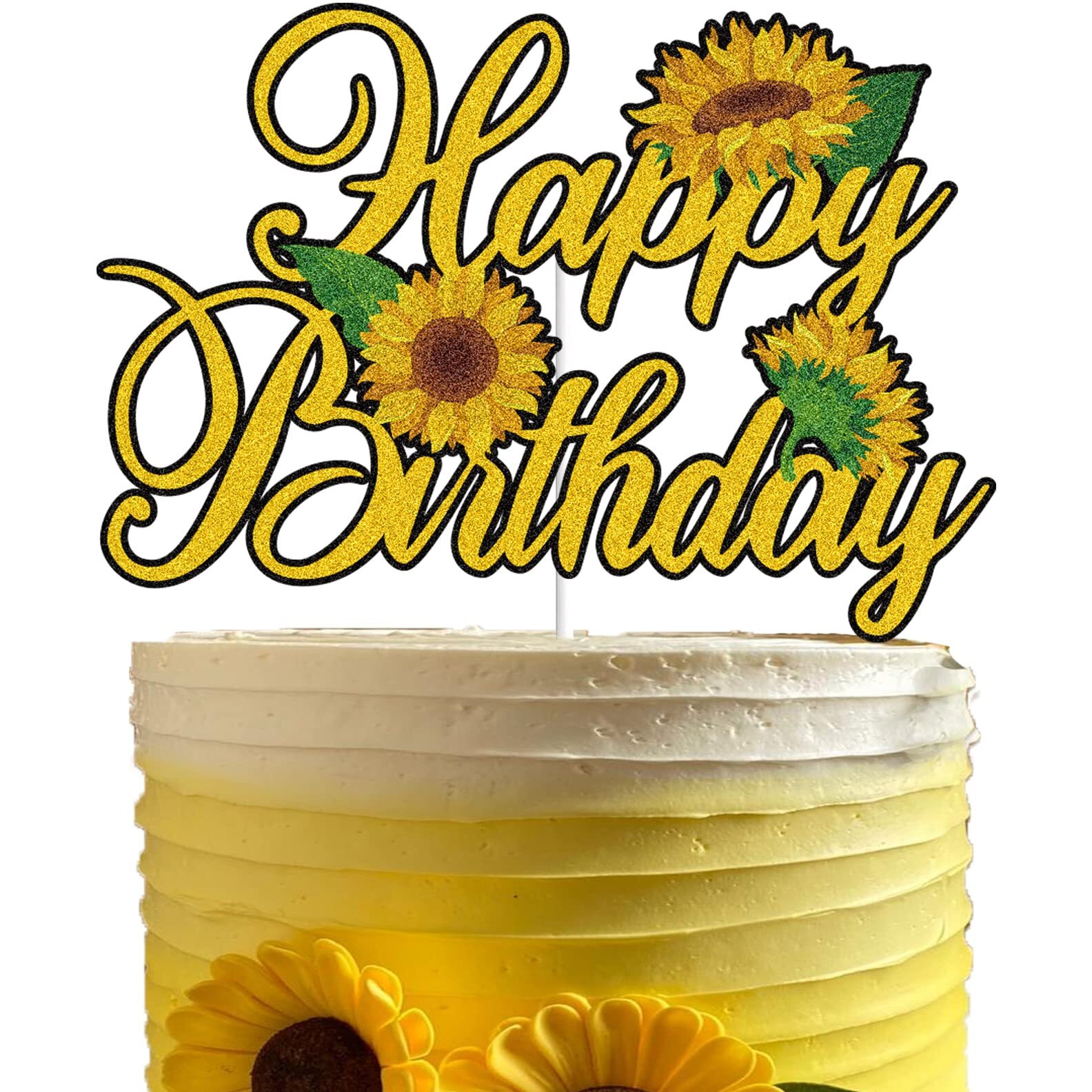 Sunflower Happy Birthday Cake Topper Gold Glitter Summer Theme Kids Boy Girl Birthday Party Supplies Decor