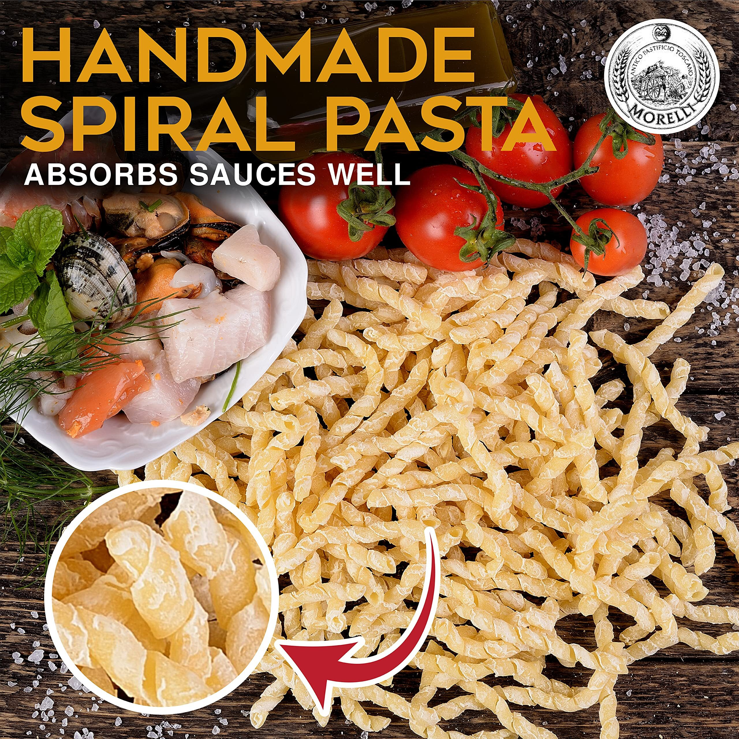 Morelli Spiral Pasta - Organic Premium Durum Wheat Semolina Italian Pasta From Italy - Protein-Rich, Ancient Grains, All Natural, Gourmet Italian - Busiate Pasta (Trofie, Gemelli) 17.6 Oz - Pack Of 1