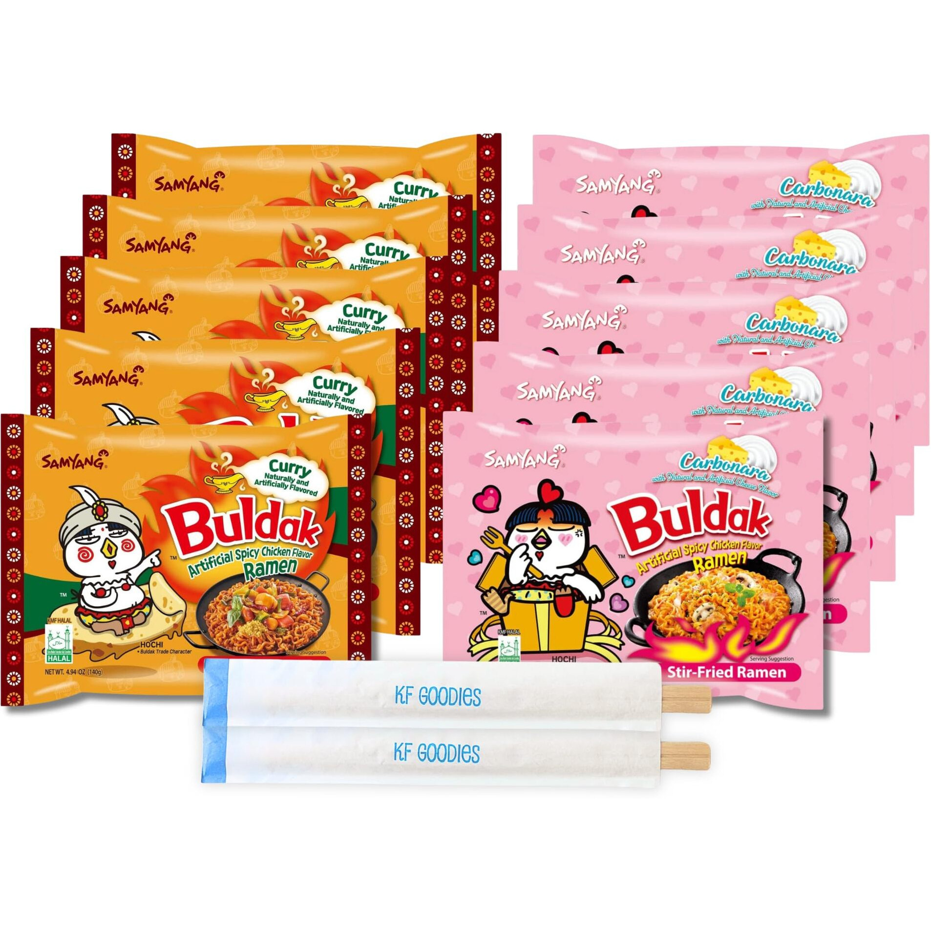 Samyang Buldak Hot Spicy Chicken Ramen Noodle Korean Stir-Fried Ramen, Carbonara & Curry Flavor, 5 Pack For Each Flavor (10, Carbonara, Curry)