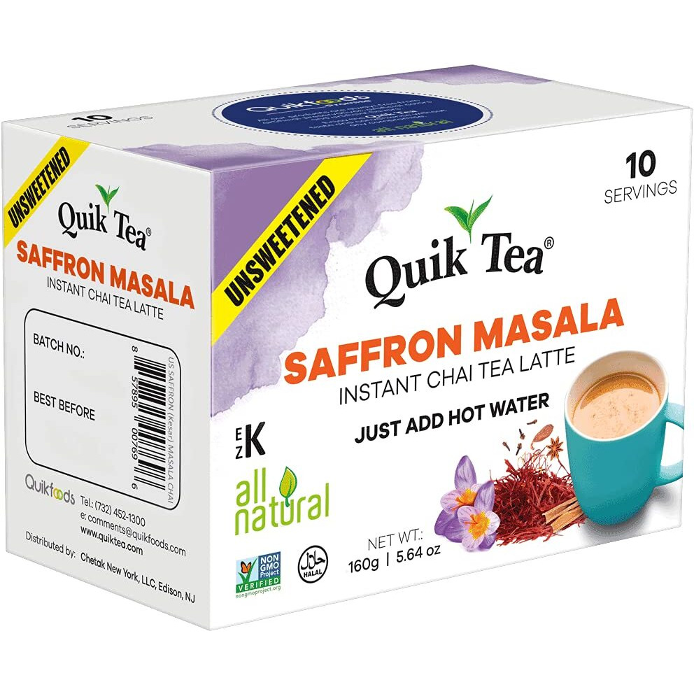 Quiktea Unsweetened Saffron Masala Chai Tea Latte Powder- 10 Count Single Box - All Natural Sugar Free Instant Chai Tea Mix- Just Add Hot Water (Regular) | Healthy Coffee Alternative