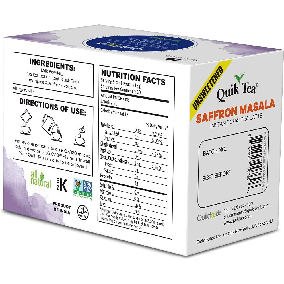 Quiktea Unsweetened Saffron Masala Chai Tea Latte Powder- 10 Count Single Box - All Natural Sugar Free Instant Chai Tea Mix- Just Add Hot Water (Regular) | Healthy Coffee Alternative