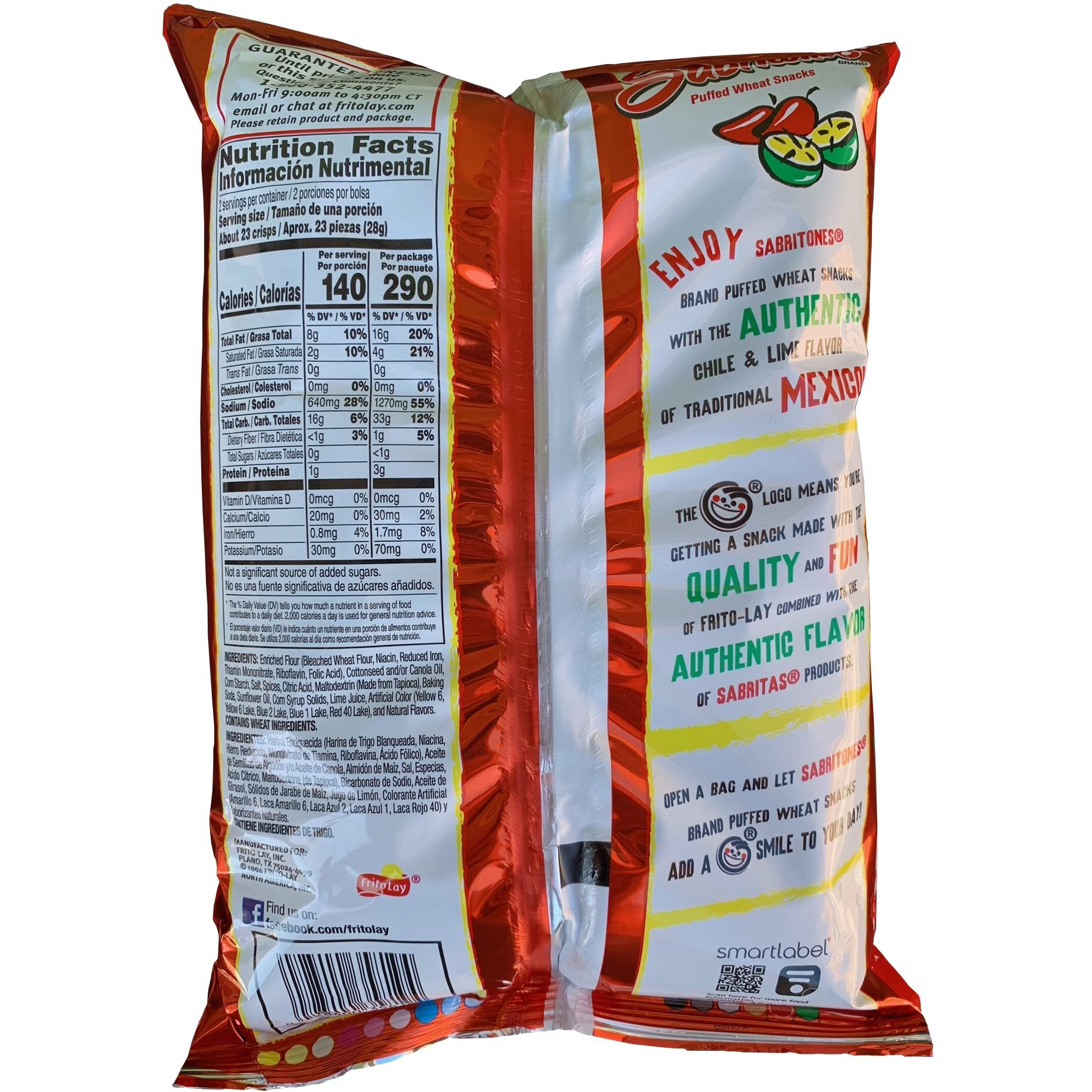 Sabritones Puffed Wheat Snack Chile & Lime, 2Oz, Set Of 3 Bags