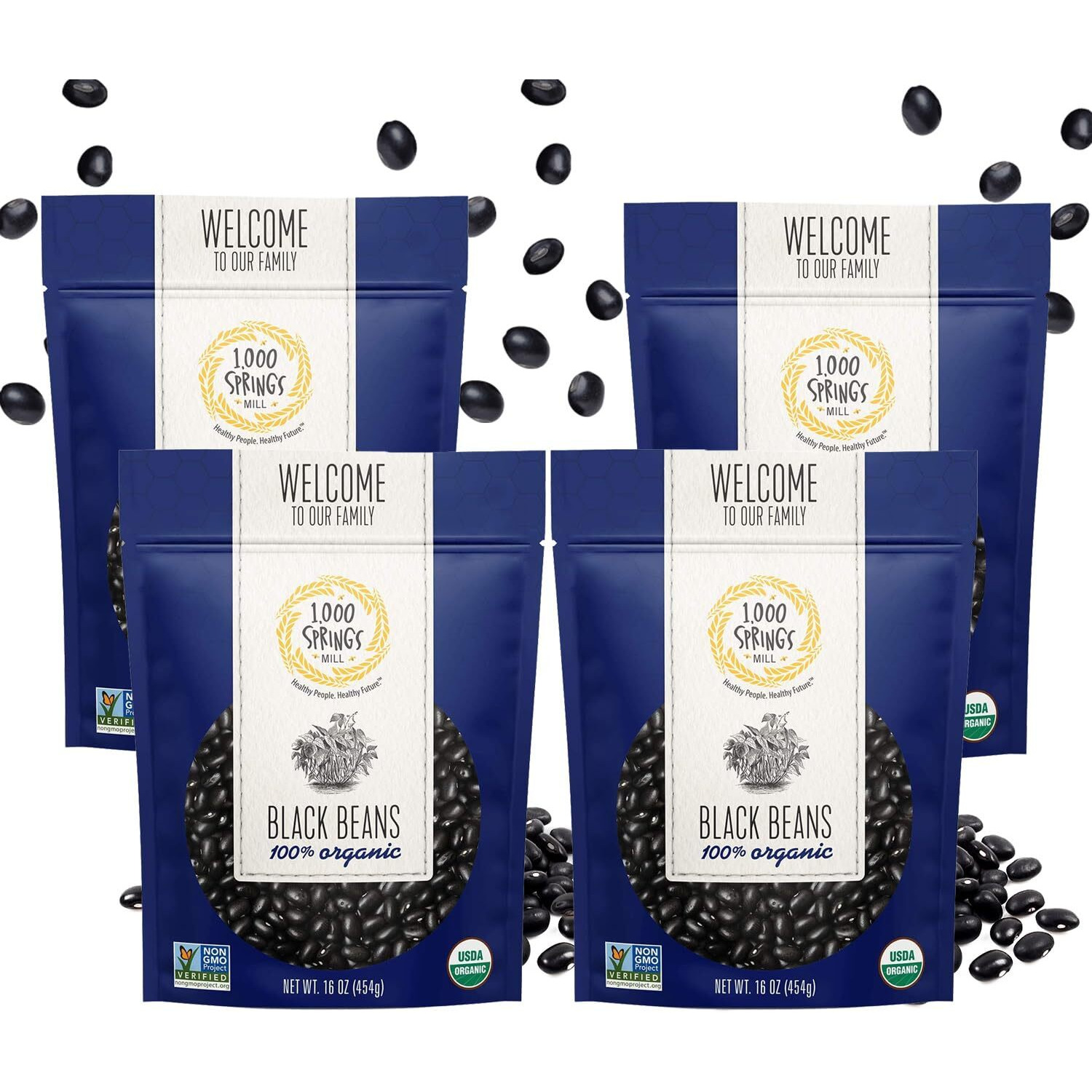 1000 Springs Mill - Organic Black Beans | Used For Soups, Salads, Chili, Dips Or Various Breakfast Dishes | Bulk Dry Black Beans | Resealable Bag | Vegan Friendly | 16Oz (Pack Of 4)