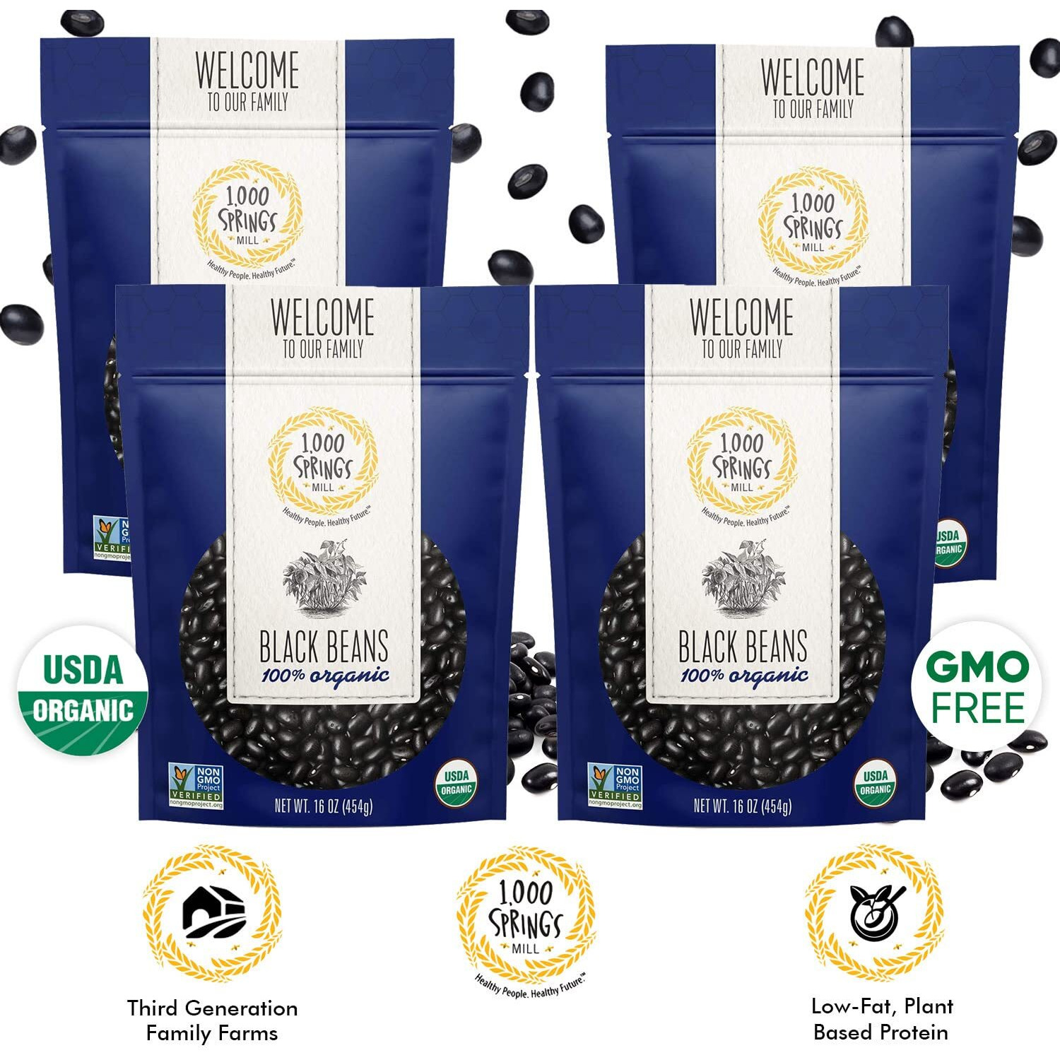 1000 Springs Mill - Organic Black Beans | Used For Soups, Salads, Chili, Dips Or Various Breakfast Dishes | Bulk Dry Black Beans | Resealable Bag | Vegan Friendly | 16Oz (Pack Of 4)