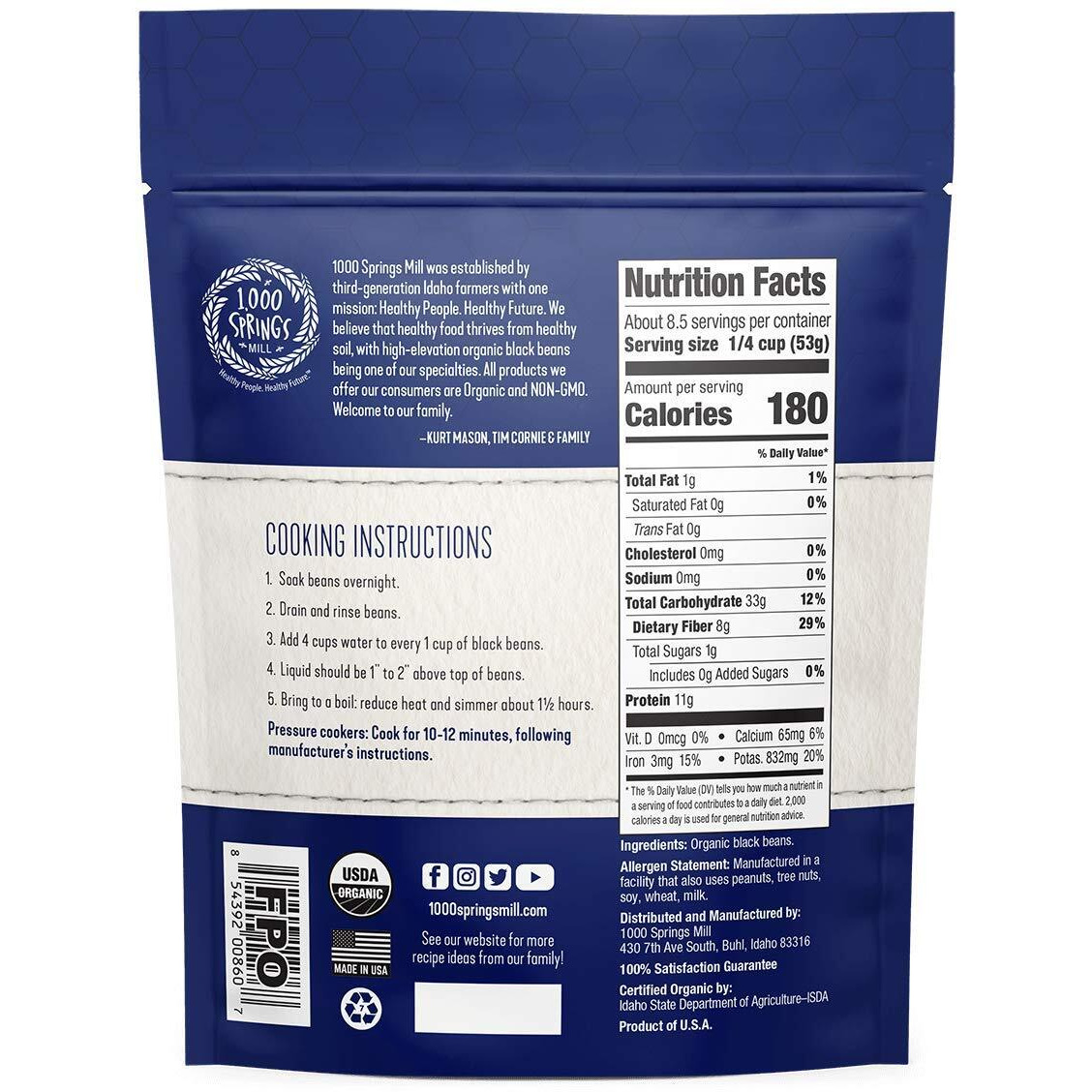 1000 Springs Mill - Organic Black Beans | Used For Soups, Salads, Chili, Dips Or Various Breakfast Dishes | Bulk Dry Black Beans | Resealable Bag | Vegan Friendly | 16Oz (Pack Of 4)