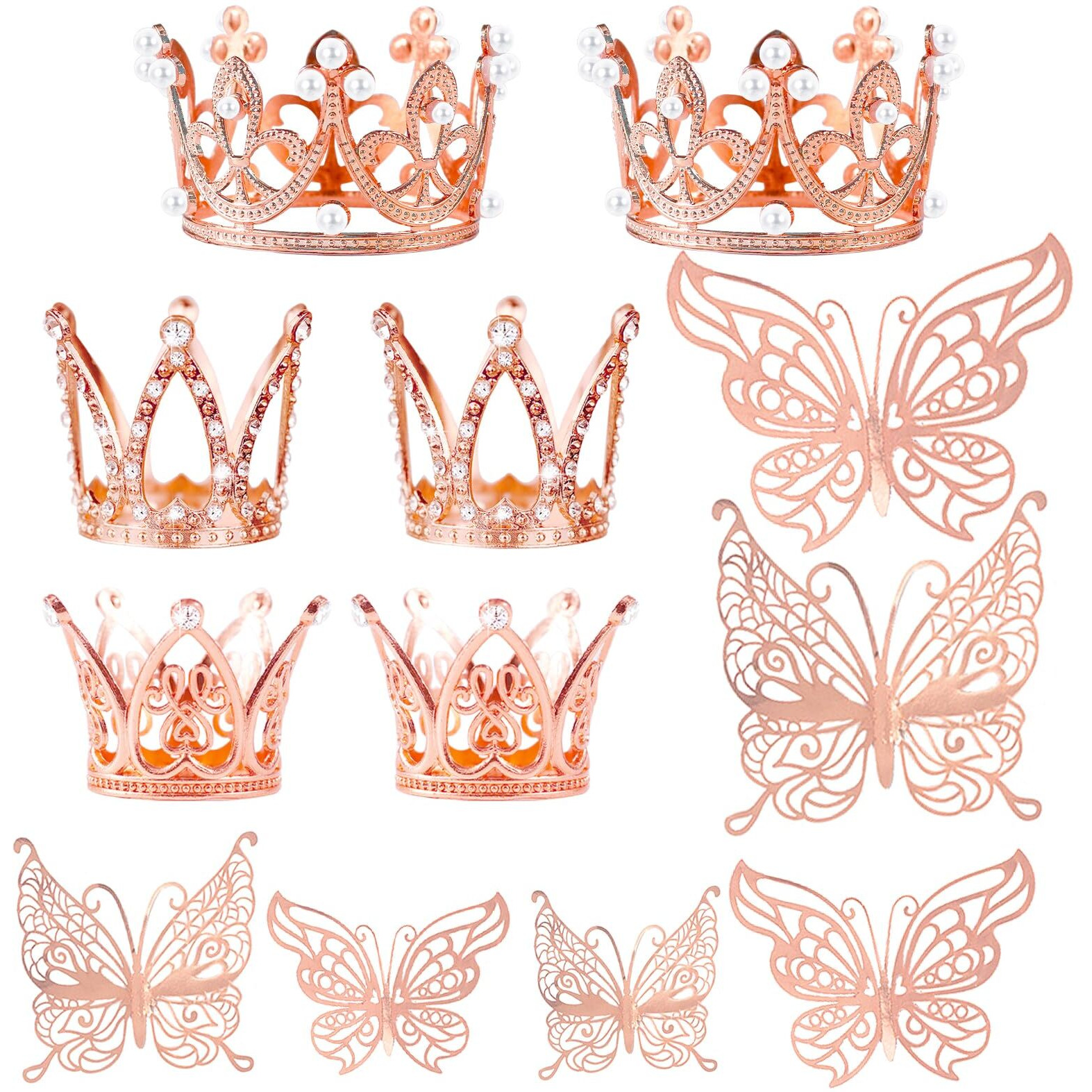 30 Pieces Mini Crown Cake Topper Small Rose Gold Crown Mini Tiara With 3D Rose Gold Butterfly Decoration 3D For Flower Arrangements Crown Cake Topper For Wedding Baby Shower Birthday Party (Rose Gold)