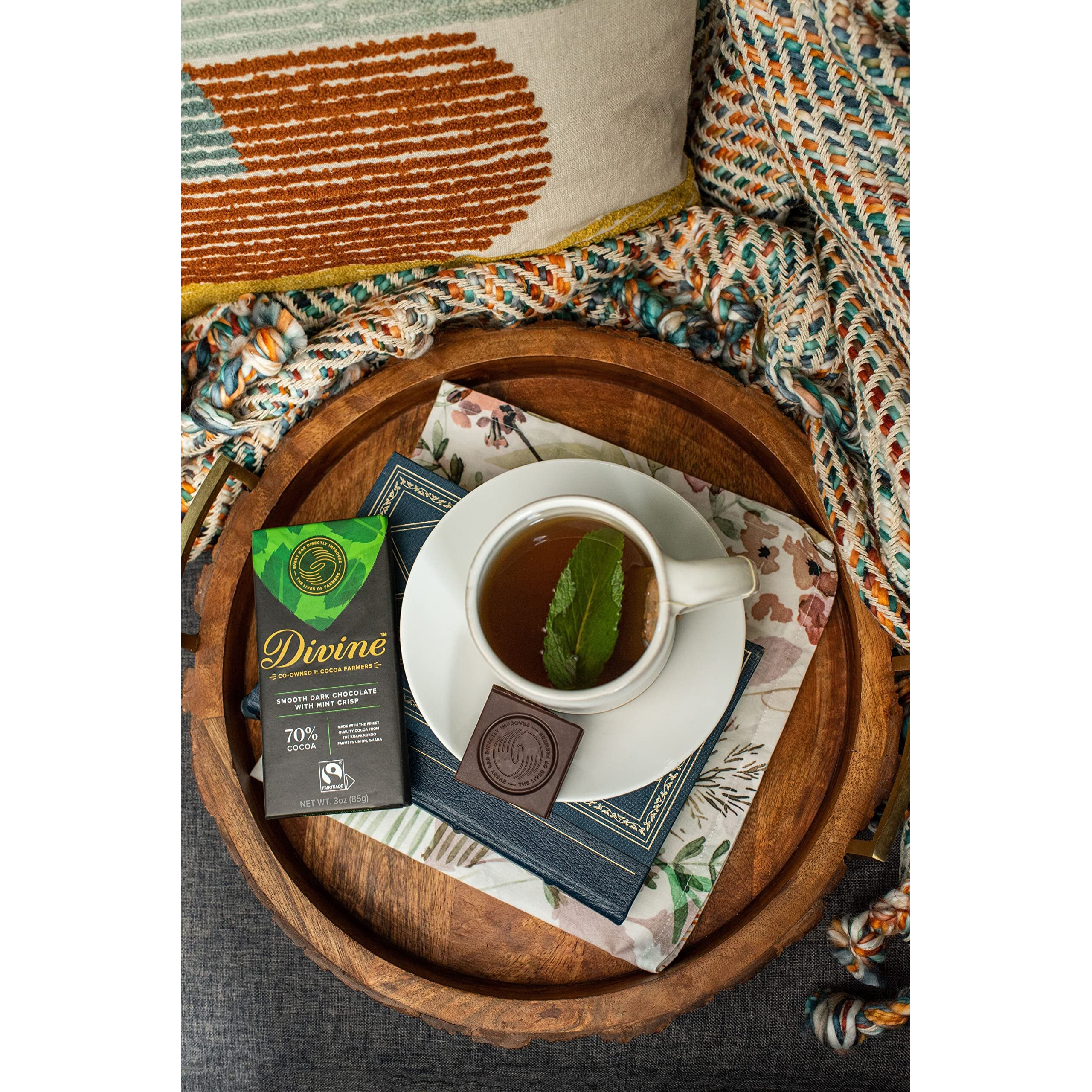 Divine Chocolate Bars - 70% Dark Chocolate With Mint Crisp - Made With Fairtrade Cocoa, Natural Ingredients, No Artificial Flavors | 3Oz. Bars (12 Pack)