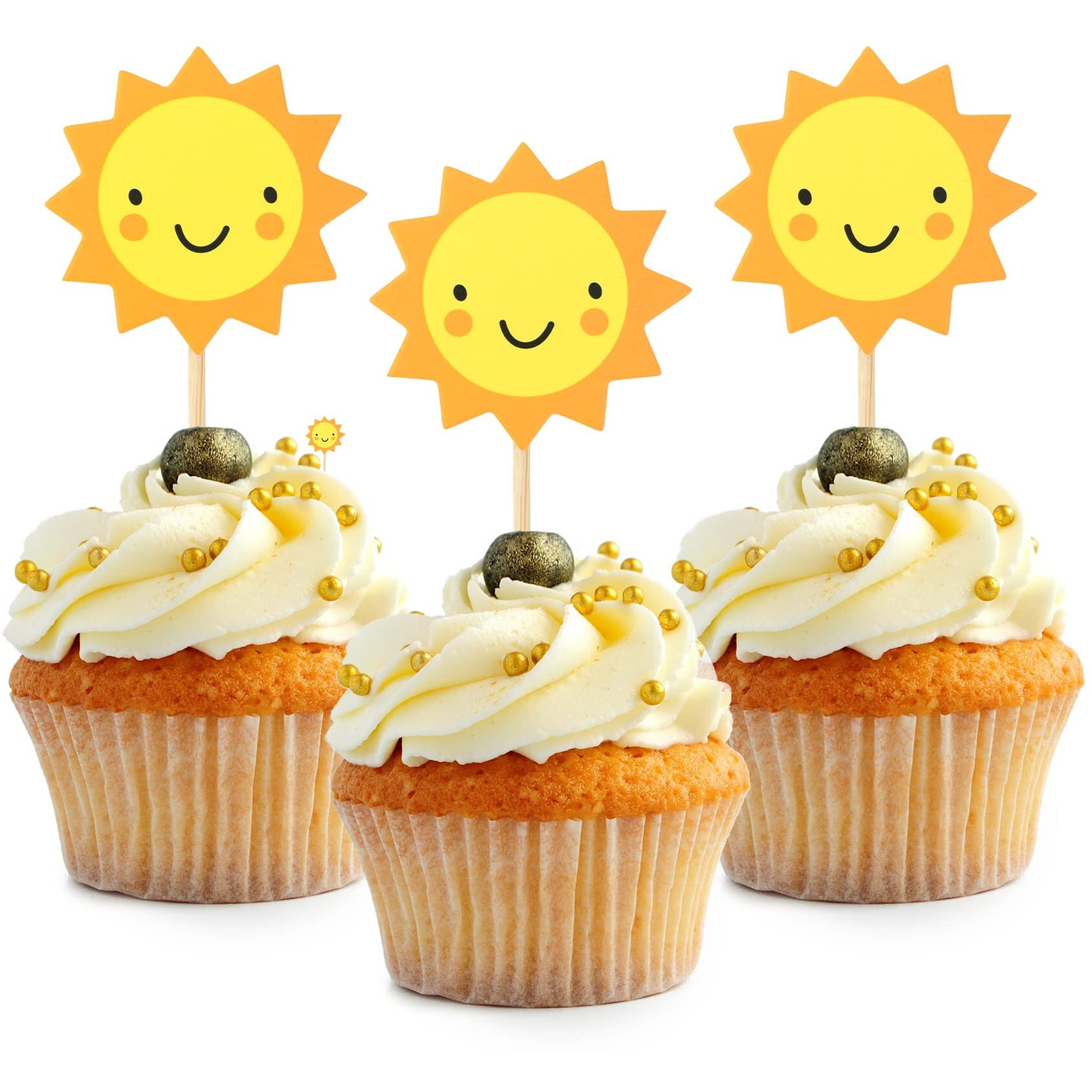 Hokpa 24Pcs Sun Cupcake Toppers Sun Flower Smiley Sunshine Sun Cake Decoration Food Fruit Picks For Baby Shower Birthday Wedding Party Decor