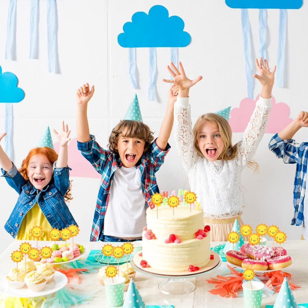 Hokpa 24Pcs Sun Cupcake Toppers Sun Flower Smiley Sunshine Sun Cake Decoration Food Fruit Picks For Baby Shower Birthday Wedding Party Decor