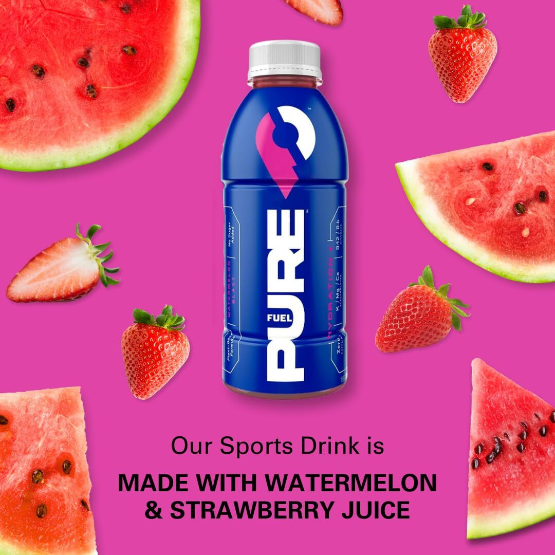 Pure Fuel Hydration Drinks Watermelon Blast - Plant-Based Healthy Electrolyte Drinks With B-Vitamins - No Added Sugar - 12 Pack X 16.9 Fl Oz Bottles