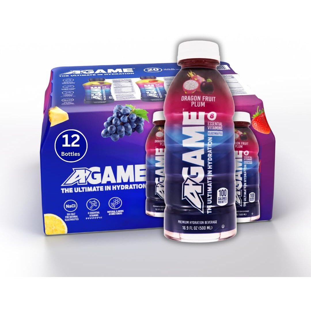 A-Game Sports Drink, Dragon Fruit Plum, The Ultimate Hydration Sports Beverage For Athletes, 8 Essential Vitamins Including B, C, & E Plus Natural Sea Salt Electrolytes, All Natural Flavors & Sweeteners, Gluten Free, 16.9 Fl Oz (Pack Of 12)