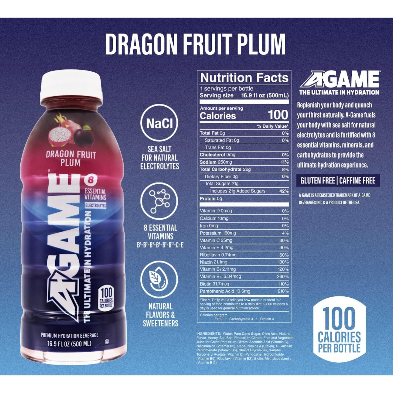 A-Game Sports Drink, Dragon Fruit Plum, The Ultimate Hydration Sports Beverage For Athletes, 8 Essential Vitamins Including B, C, & E Plus Natural Sea Salt Electrolytes, All Natural Flavors & Sweeteners, Gluten Free, 16.9 Fl Oz (Pack Of 12)