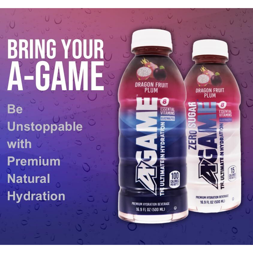 A-Game Sports Drink, Dragon Fruit Plum, The Ultimate Hydration Sports Beverage For Athletes, 8 Essential Vitamins Including B, C, & E Plus Natural Sea Salt Electrolytes, All Natural Flavors & Sweeteners, Gluten Free, 16.9 Fl Oz (Pack Of 12)