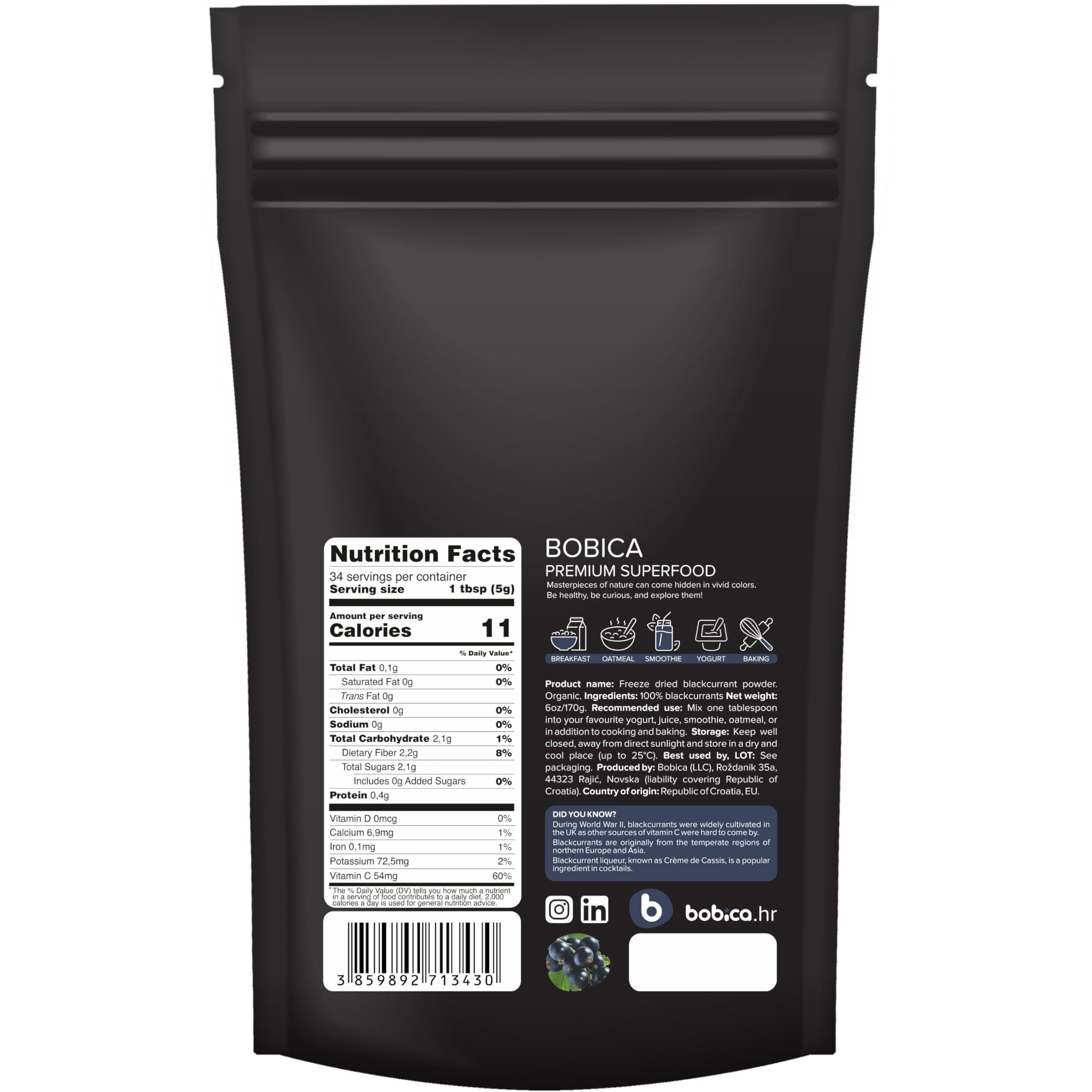 Organic Black Currant Powder From Freeze Dried Black Currants, High In Anthocyanins & Vitamins, For Smoothies, Baking And Flavoring, 6Oz