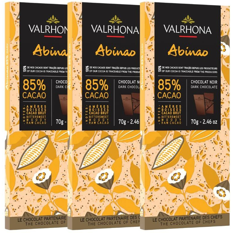 Valrhona Premium Extra Dark Chocolate Abinao 85% Cacao Tasting Bars - Gourmet French Chocolate Perfect For Eating And Baking And Frostings, Cookies, Cakes, And Brownies. Kosher, 70G (Pack Of 3)