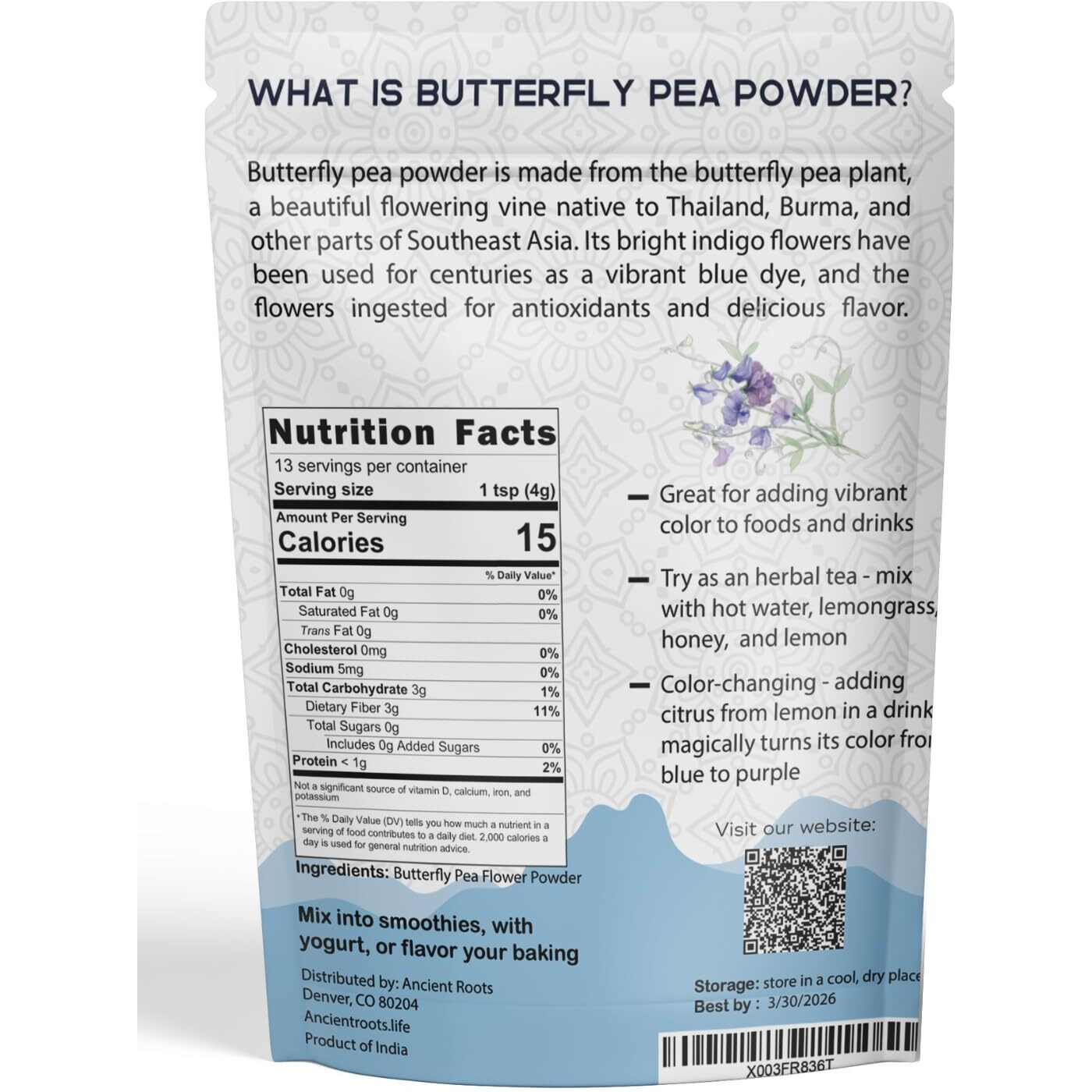 Ancient Roots Blue Butterfly Pea Powder - All-Natural Food Coloring, Filled With Antioxidants, 25 Servings (3.5 Ounces)