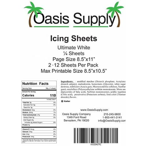 Oasis Supply Ultra Premium, Pliable, Non Cracking Icings Sheets, White (8.5"" X 11.5"", 24), Made In The Usa