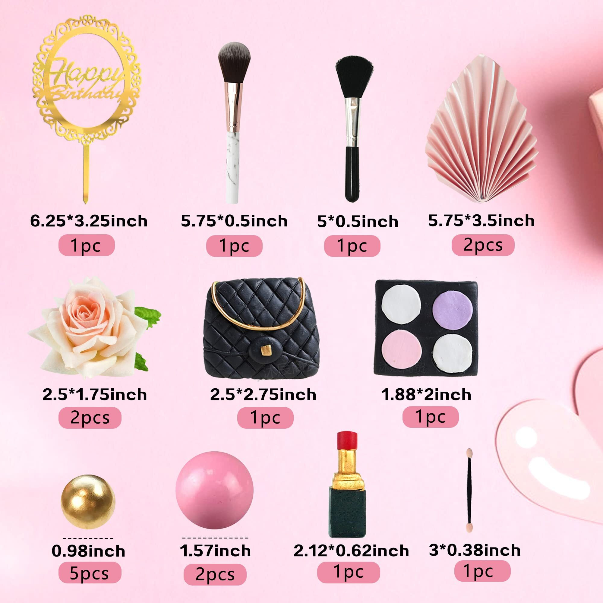 Makeup Cake Topper Cosmetics Artificial Rose Palm Leaves Happy Birthday Cake Toppers Spa Makeup Birthday Party Supplies For Girls (Pink)