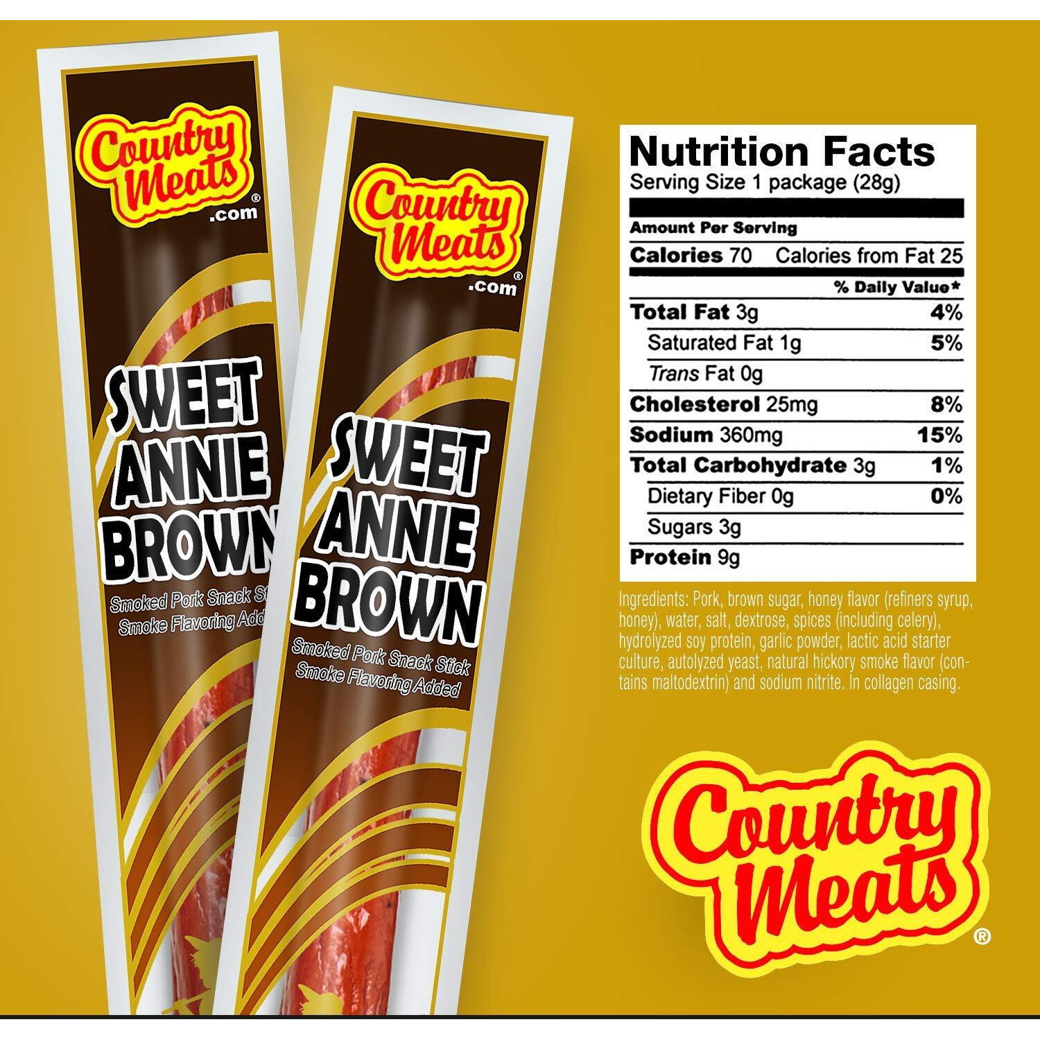 Country Meats, Meat Sticks, 0 Trans Fat, Usda Certified, Good Source Of Protein, Carb Conscious Snack (24 Meat Sticks, Sweet Annie Brown)