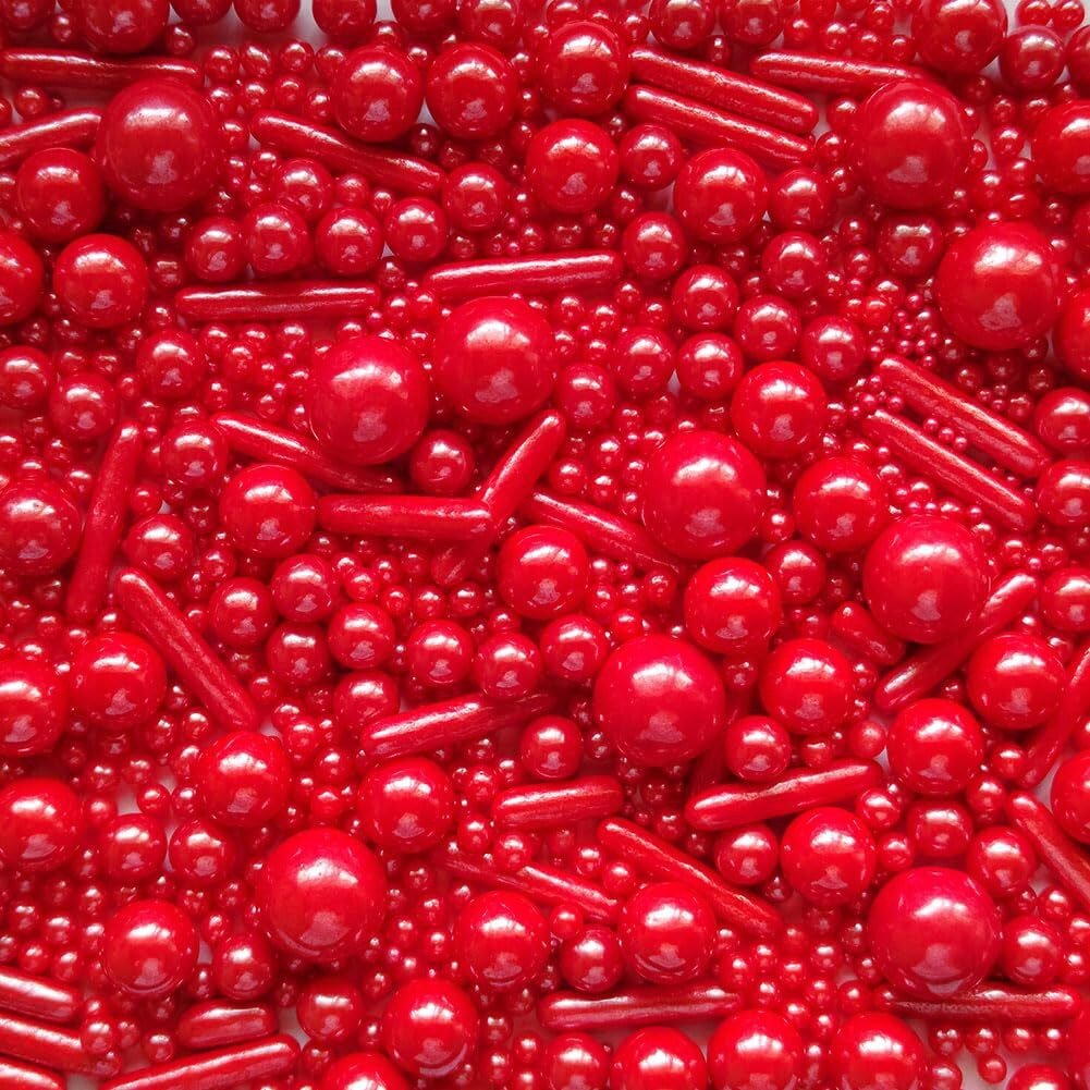 Edible Red Pearl Sugar Sprinkles Candy Mix Size Baking Edible Cake Decorations Cupcake Toppers Cookie Decorating Wedding Party Valentine Halloween Christmas Supplies 100G/3.53Oz