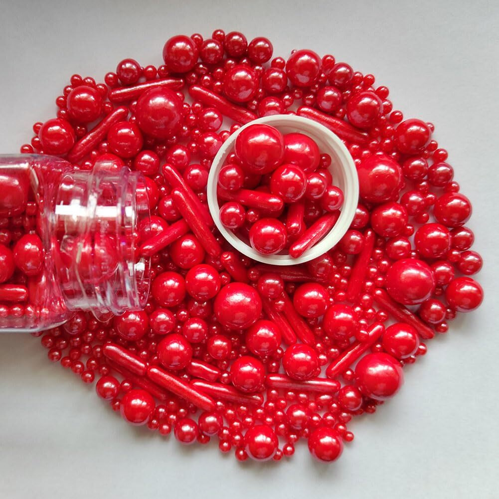 Edible Red Pearl Sugar Sprinkles Candy Mix Size Baking Edible Cake Decorations Cupcake Toppers Cookie Decorating Wedding Party Valentine Halloween Christmas Supplies 100G/3.53Oz