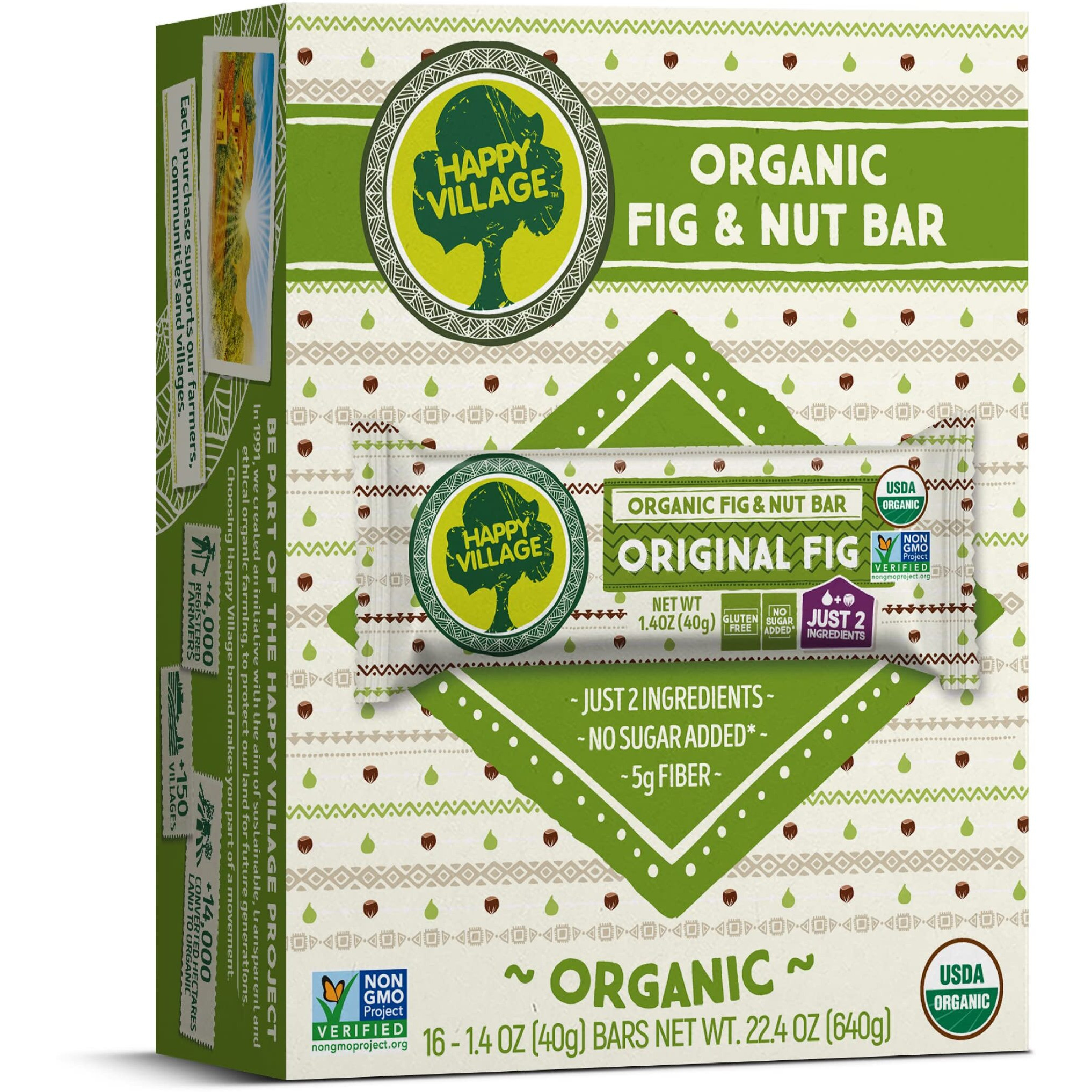 Happy Village Organic Fig & Nut Bar, Original Fig | Only 2 Ingredients, Gluten Free, No Added Sugar, Kosher, Non-Gmo, Vegan, Good Source Of Fiber | Organic Healthy Snack Bars (16 Bars, 1.4 Oz Each)