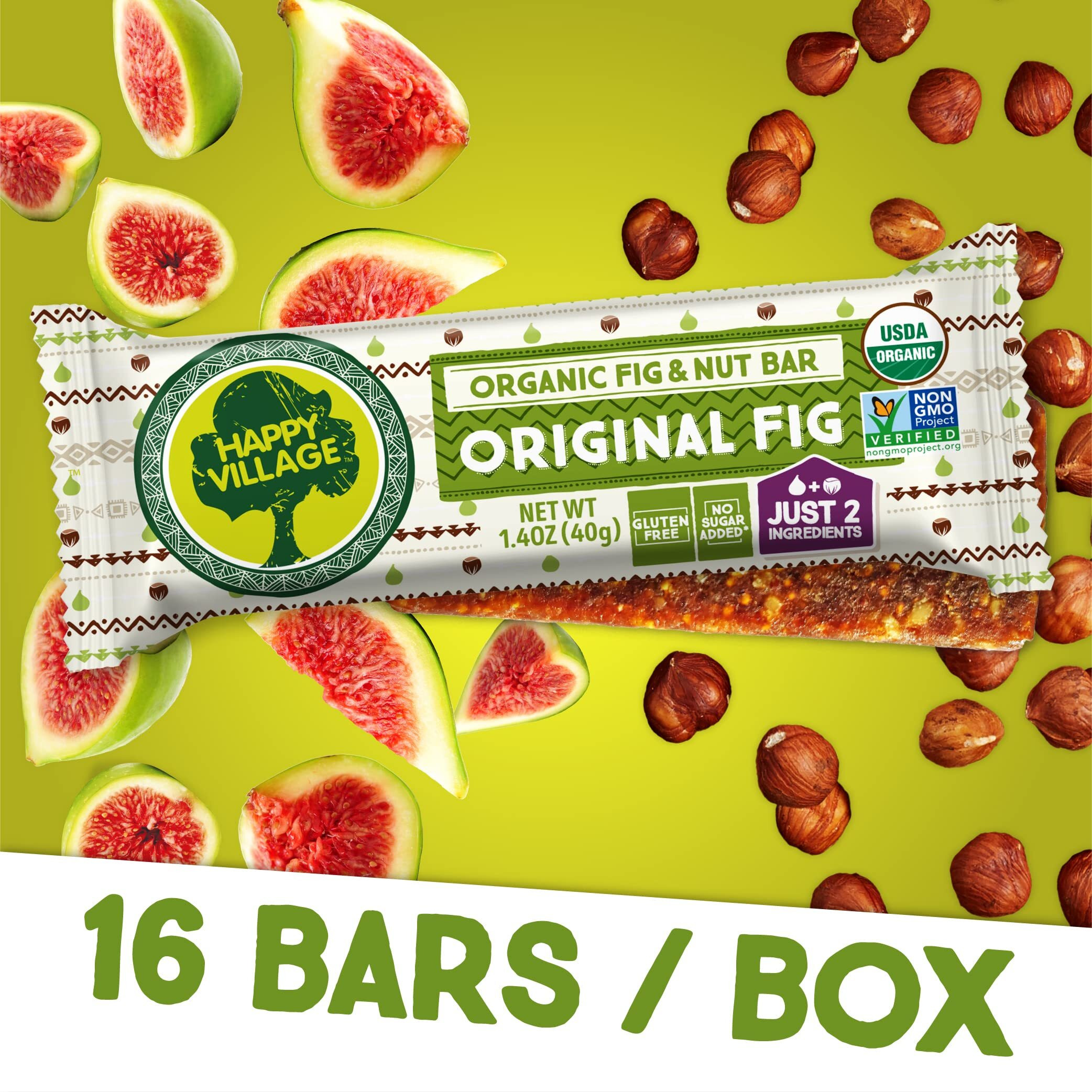 Happy Village Organic Fig & Nut Bar, Original Fig | Only 2 Ingredients, Gluten Free, No Added Sugar, Kosher, Non-Gmo, Vegan, Good Source Of Fiber | Organic Healthy Snack Bars (16 Bars, 1.4 Oz Each)