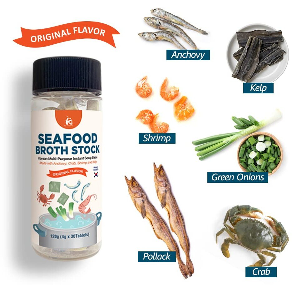 Kd Home Seafood Broth Stock Korean Multi-Purpose Instant Soup Base, Made With Anchovy, Crab, Shrimp And Kelp Original Flavor 4.0 Grams X 30