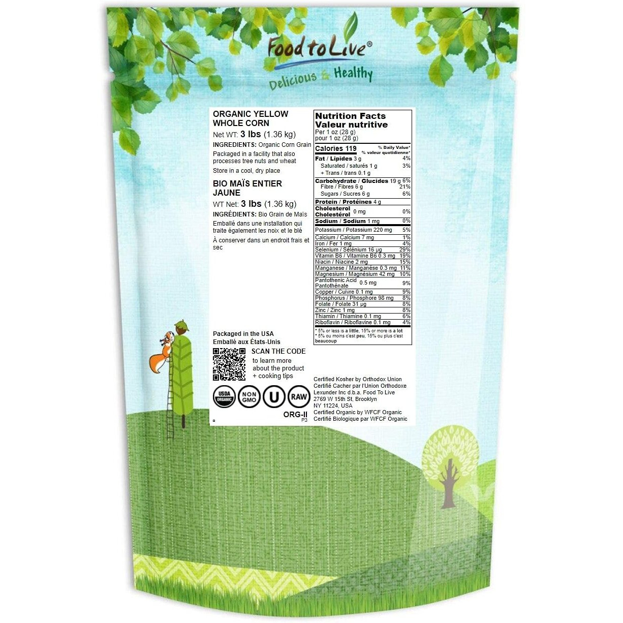 Food To Live Organic Yellow Whole Corn, 3 Pounds - Non-Gmo Maize, Cleaned And Dried Kernels, Vegan, Kosher, Bulk Cereal Grain, Good Source Of B Vitamins, Thiamin, And Folate