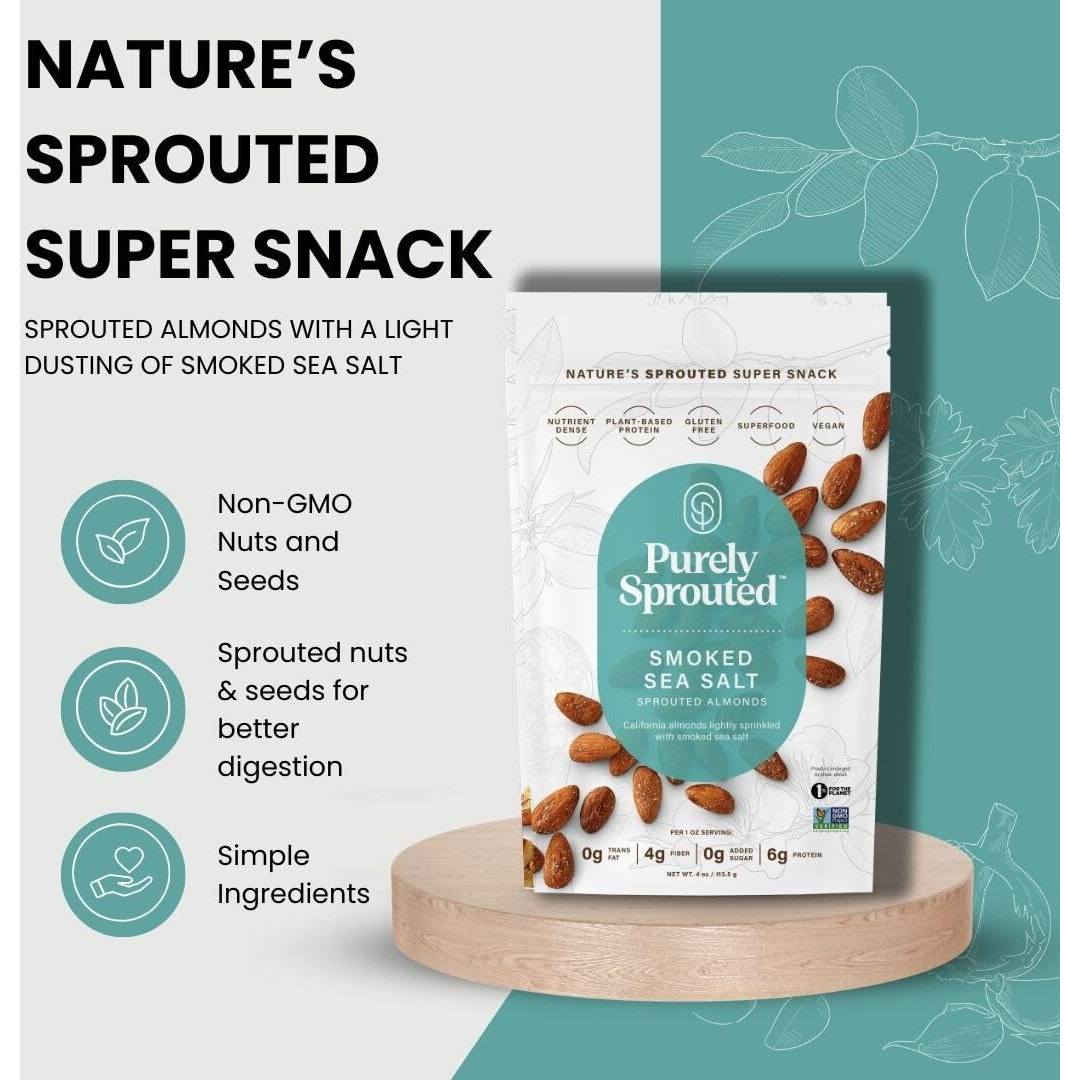 Purely Sprouted Smoked Sea Salt Sprouted Almonds Vegan, Gluten-Free, And Non-Gmo Blend For A Healthy Crunch (4 Oz, 6 Pack)