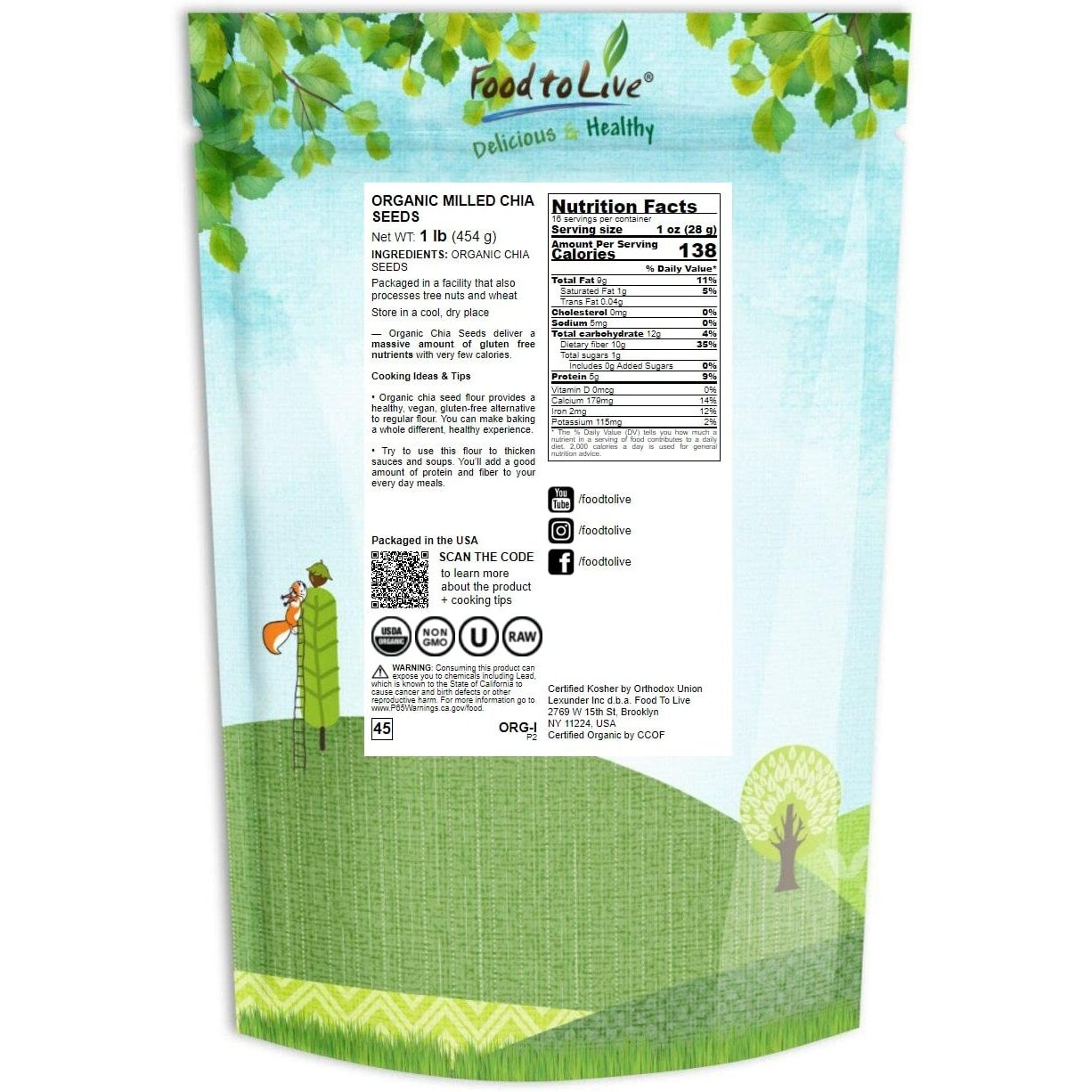 Food To Live Organic Chia Seeds Powder, 1 Pound Non-Gmo Meal, Ground Raw, Cold Milled, Kosher, Vegan, Bulk. Rich In Omega-3, Fiber, Protein. Great As Thicker. For Baking, Salads, Smoothies.